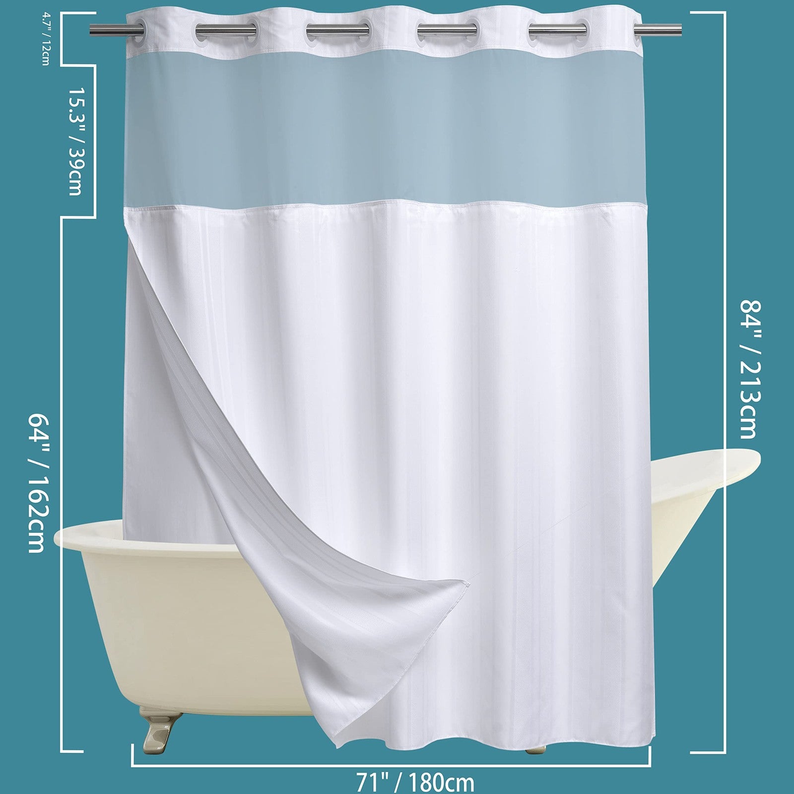 Extra long no hook waffle weave shower curtain with snap-in liner set, featuring a durable, stylish bathroom shower accessory.