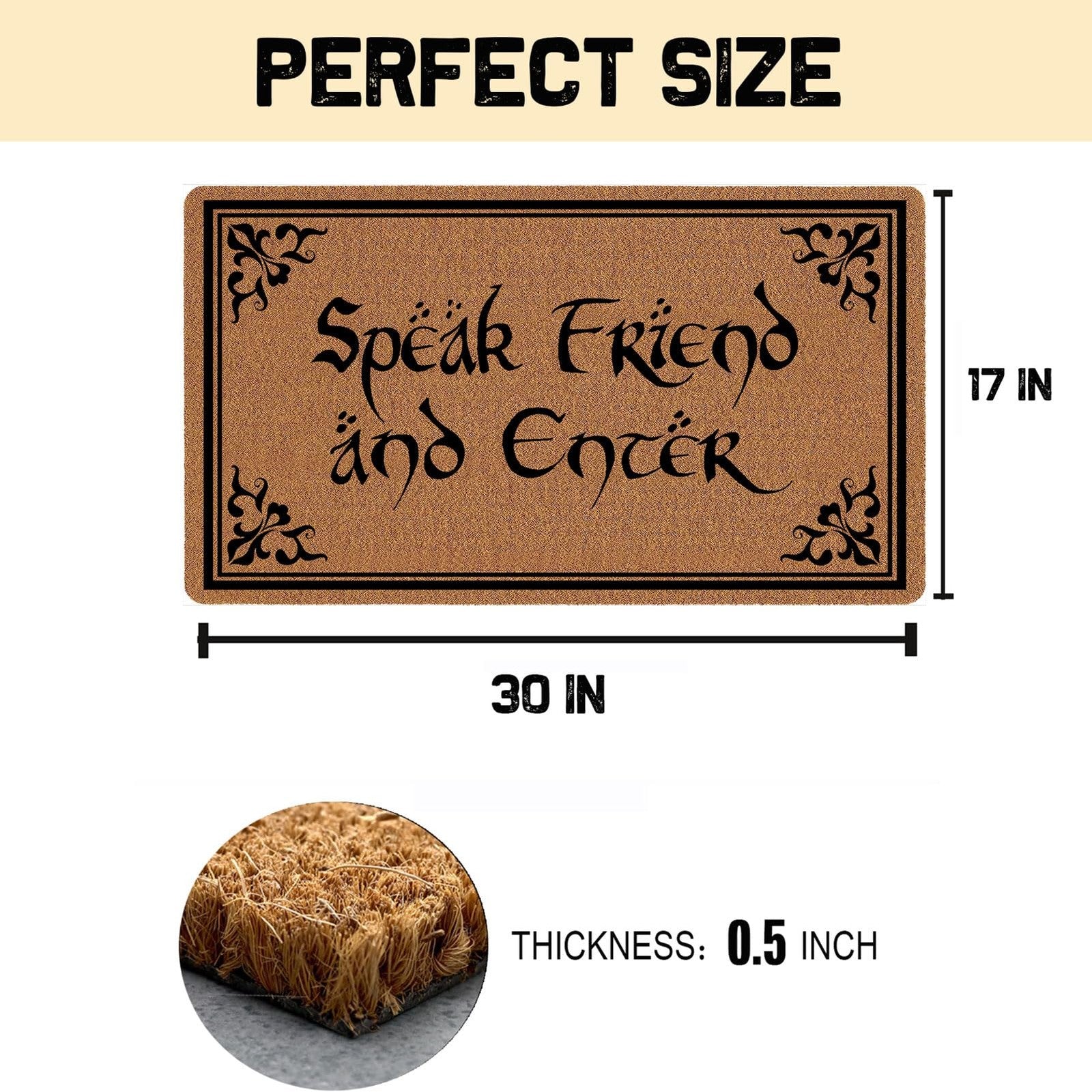 Funny Aikongnice "Speak Friend and Enter" doormat with welcoming message, featuring a colorful front door mat with playful design.