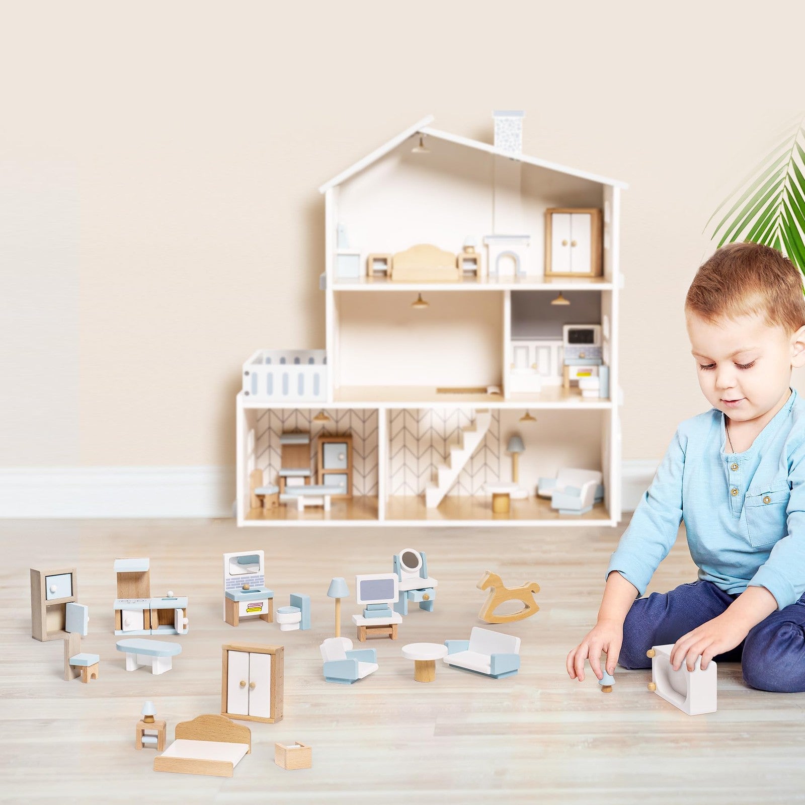 Robotime dollhouse furniture set with 23 wooden mini pieces in 1:12 scale, featuring detailed miniature furniture for dollhouses.