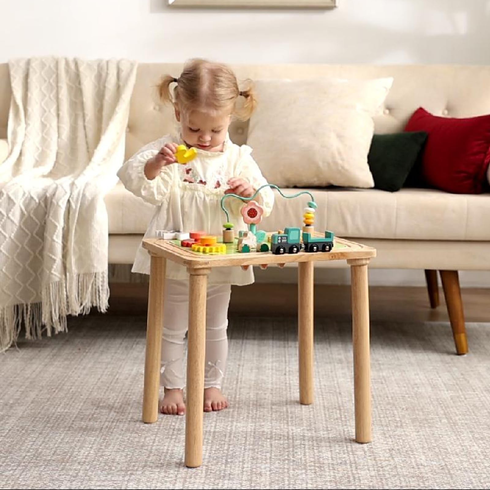 Wiqins 3-in-1 baby activity table for 6-36 months, wooden activity center with interactive toys for toddlers.