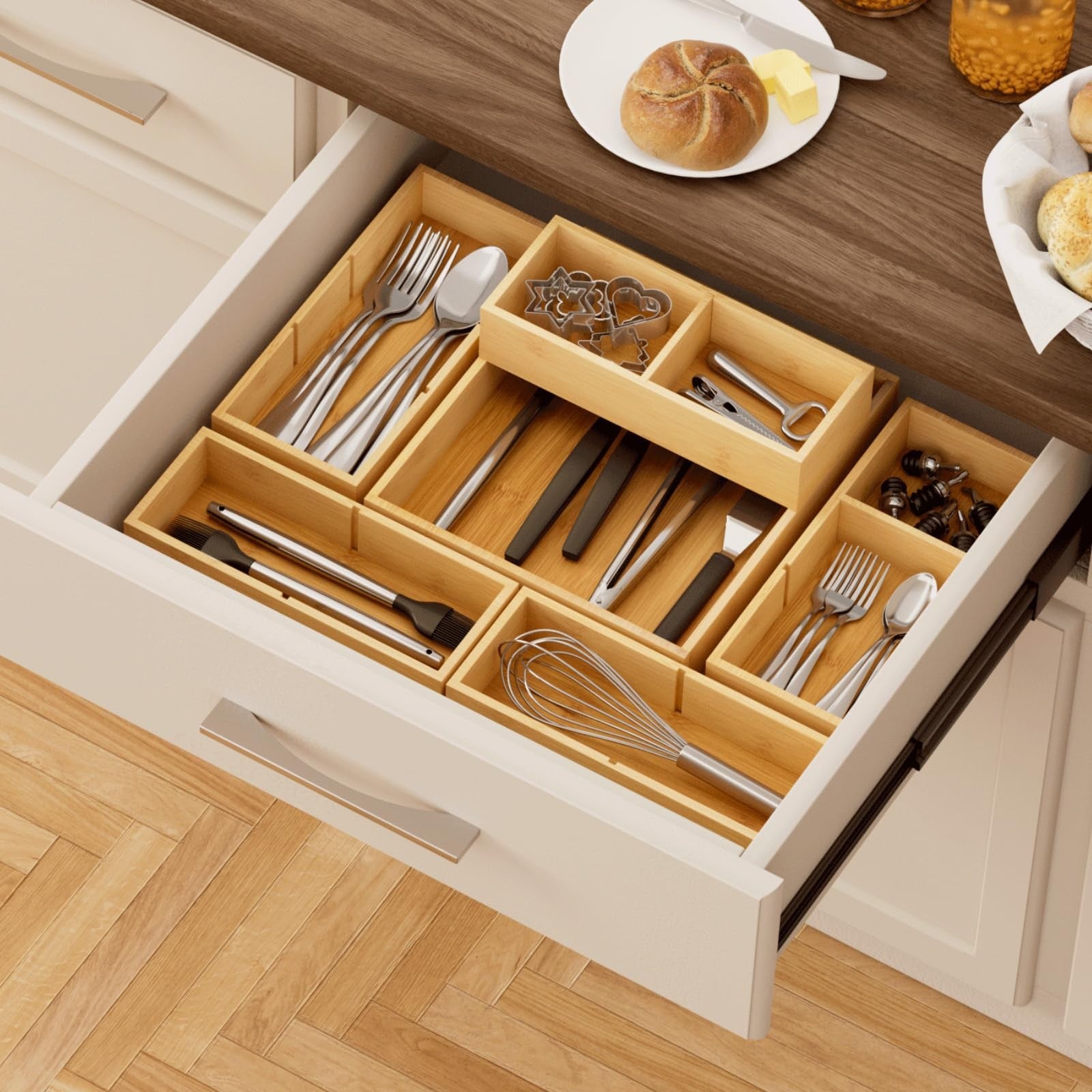 Lifewit bamboo drawer organizers set with 10 adjustable 22-grid storage trays and 12 inserts for tidy drawer organization.