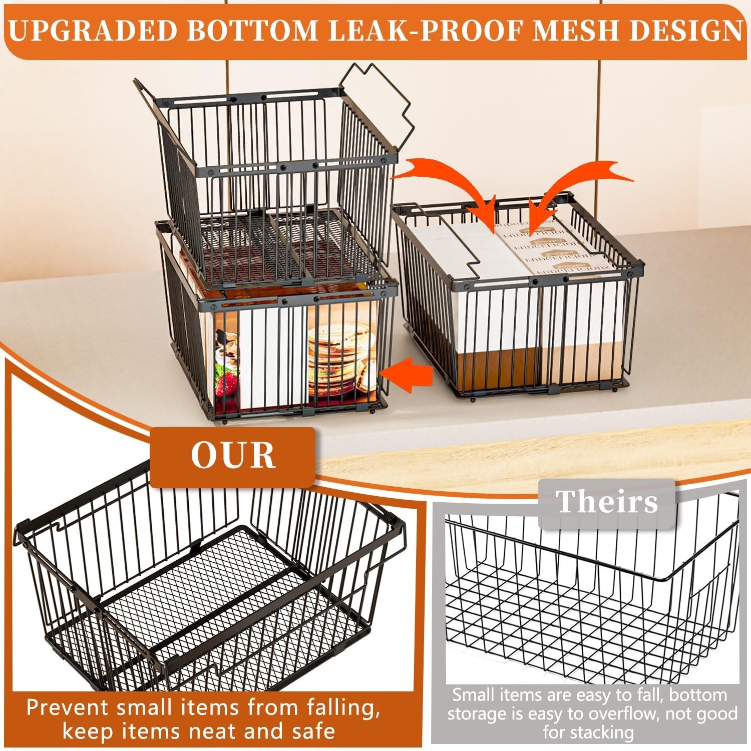 Anjuban large freezer organizer bins with upgraded bottom leak-proof net, designed for 5 to 9 cu ft freezers.