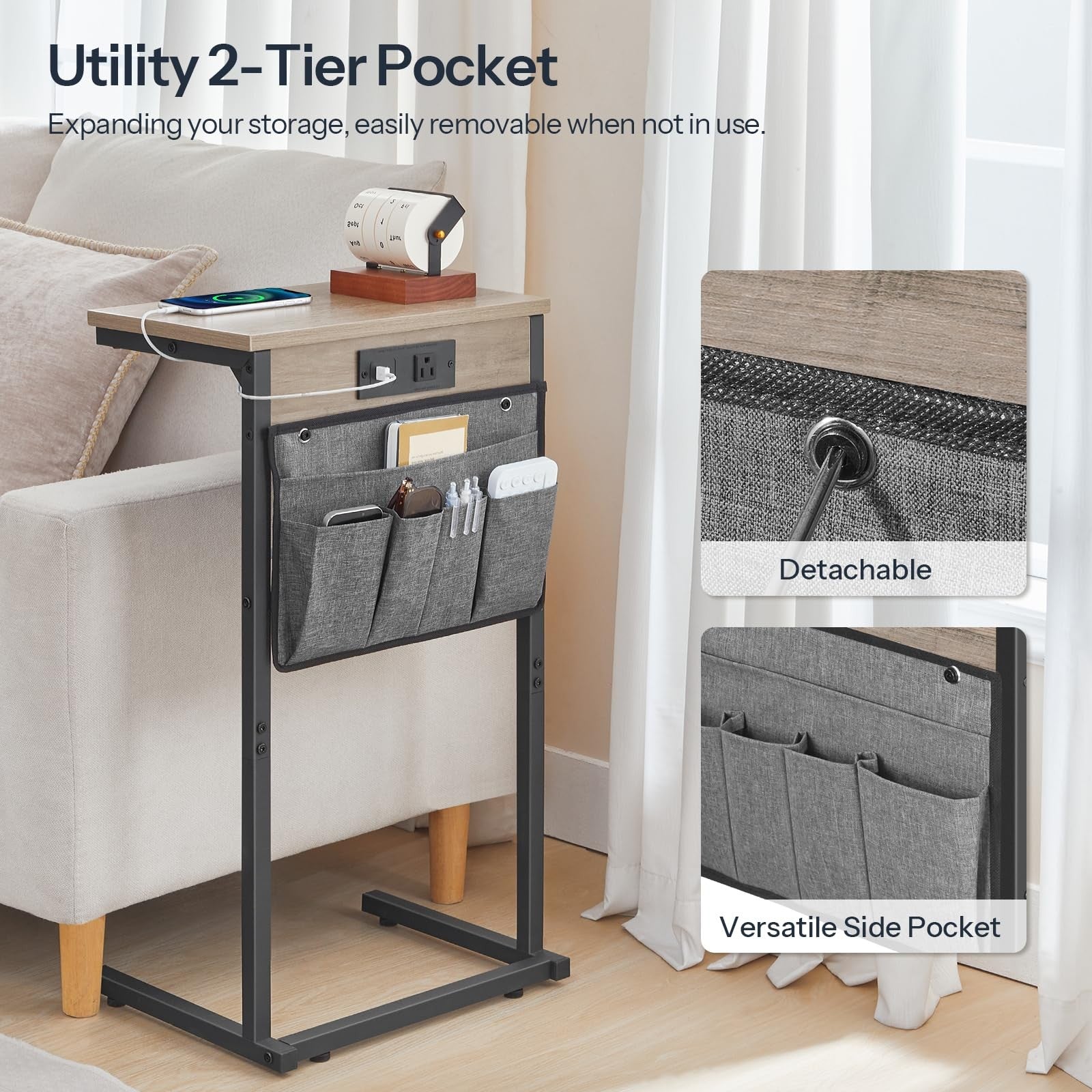 HOOBRO C-shaped end table with charging station, 28-inch tall couch table featuring a wooden top and integrated power outlets.