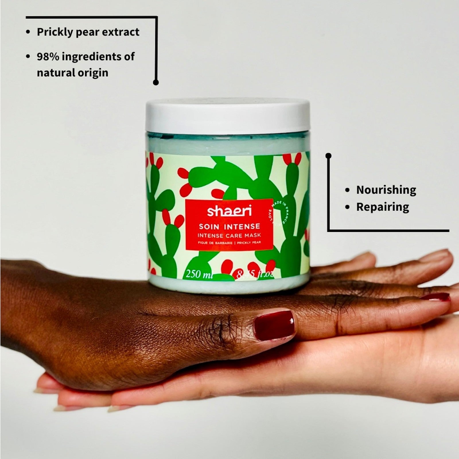Shaeri Intense Care Hair Mask in a jar, showing creamy deep conditioning formula for dry, frizzy hair.