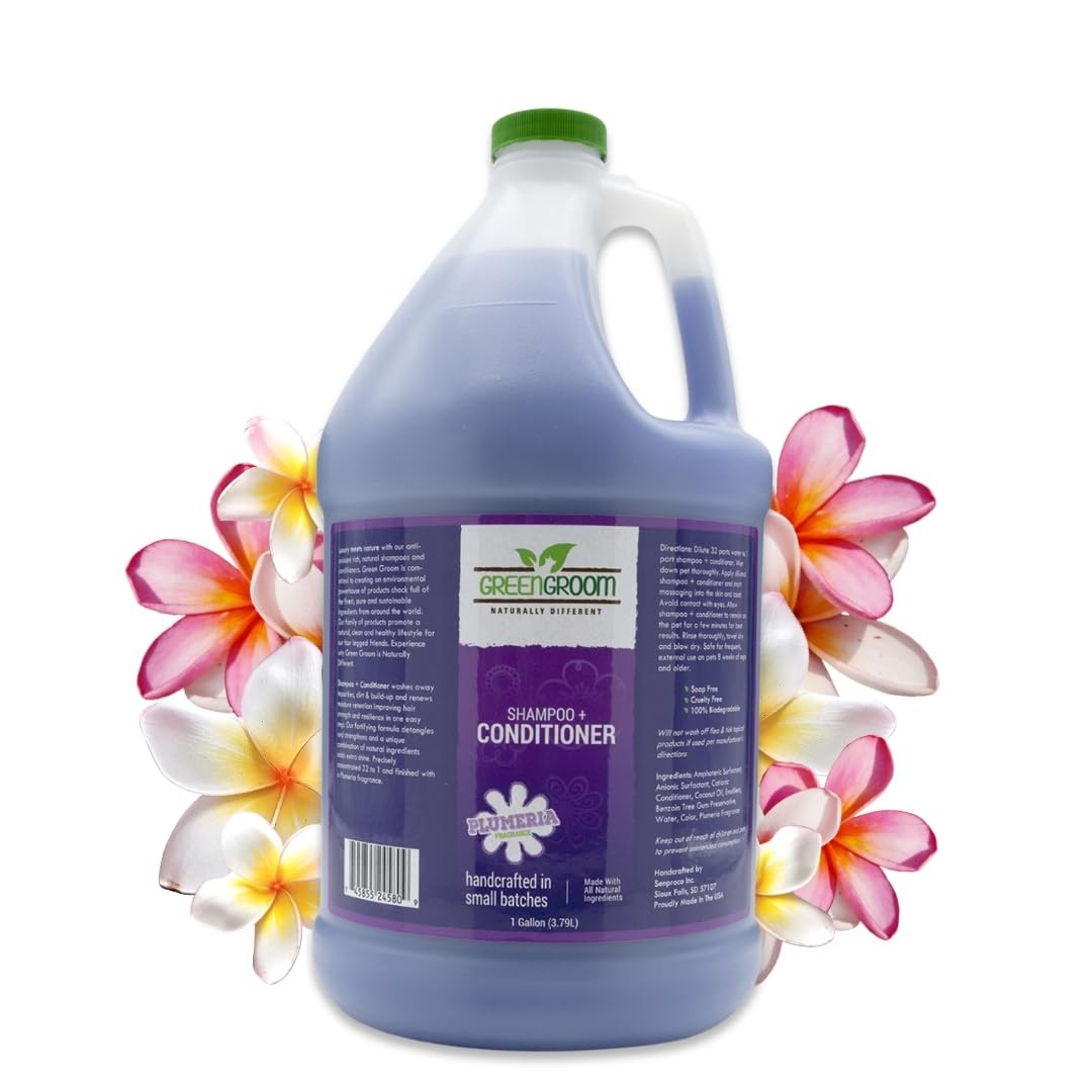 GreenGroom Green Groom Dog Shampoo and Conditioner gallon jug, all-natural formula with detangling and strengthening features.
