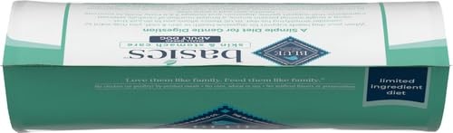 Blue Buffalo Basics grain-free small breed adult dog food with lamb and potato, showing the dry kibble in the bag.