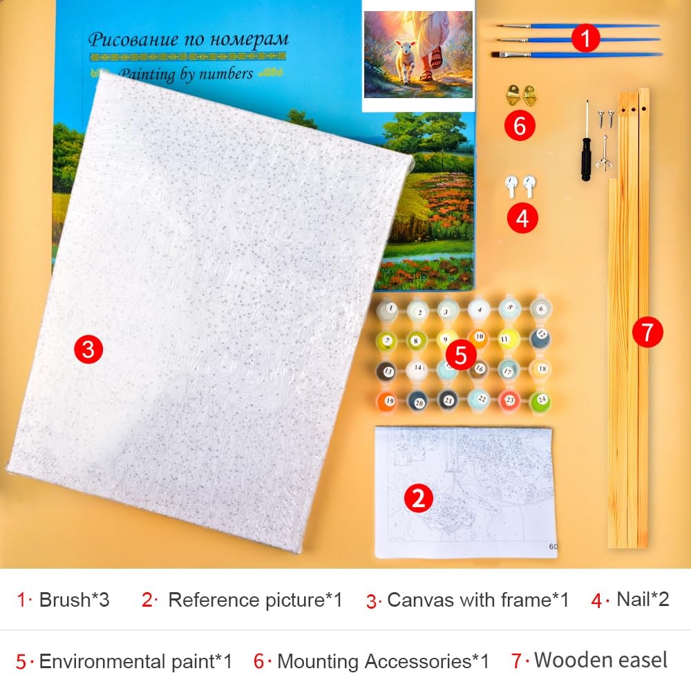 TUMOVO DIY paint by numbers kit for adults featuring religious Christian imagery, includes paint colors and numbered canvas.