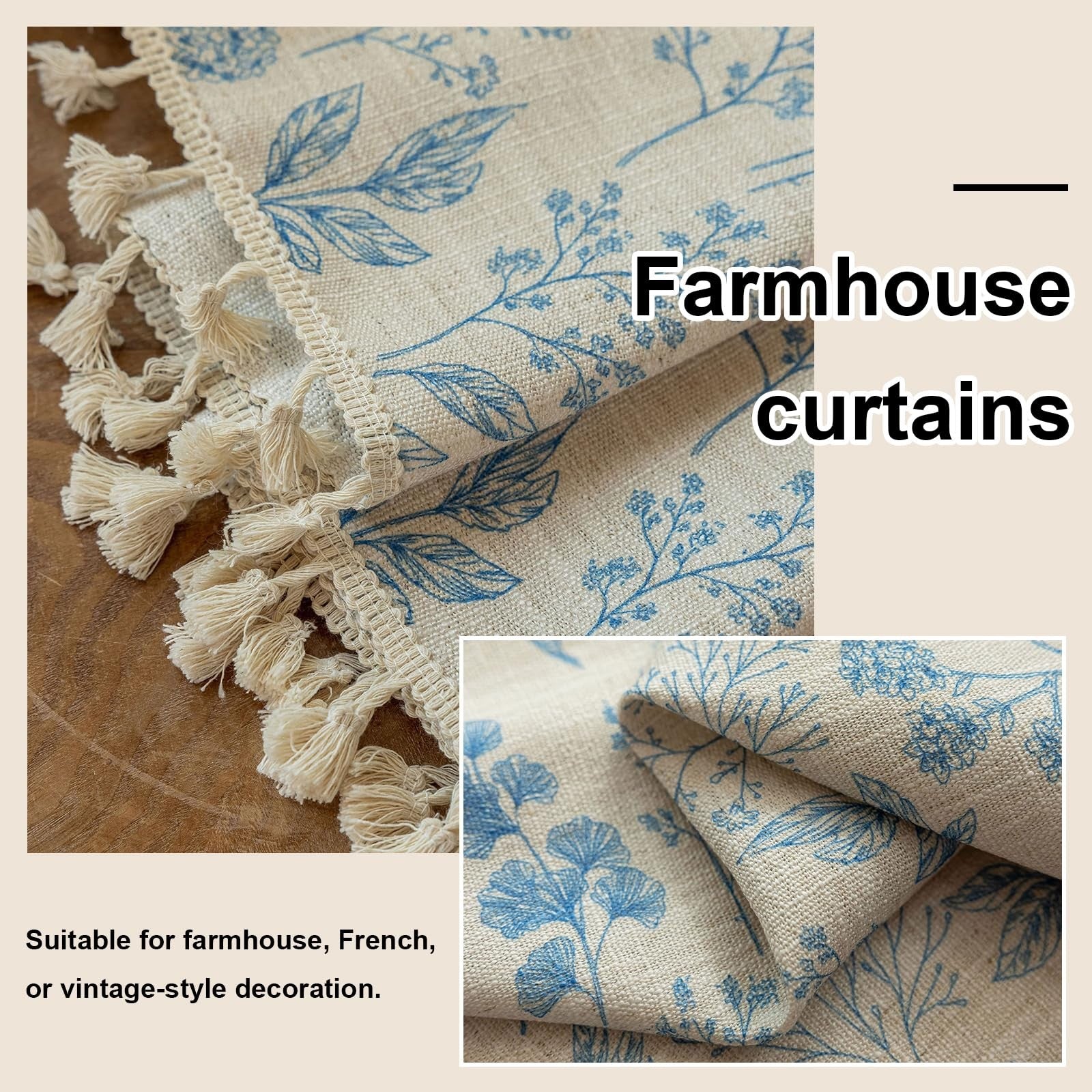 OYX blue floral boho curtains with light filtering fabric, 84 inches long, displayed as two panels for living room decor.