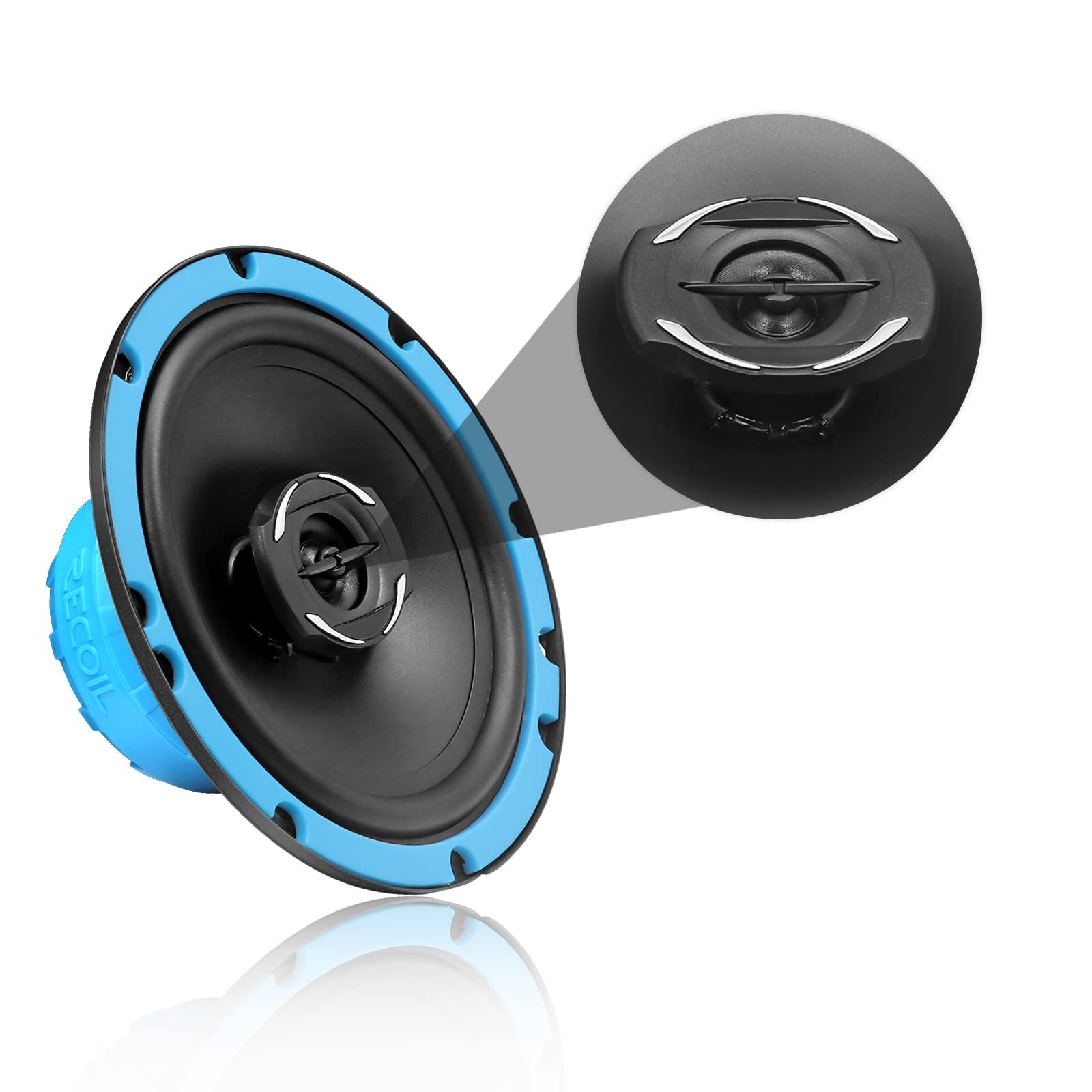 Recoil RCX65 Echo Series 6.5-inch car audio coaxial speaker system showing black speaker cone and mounting hardware