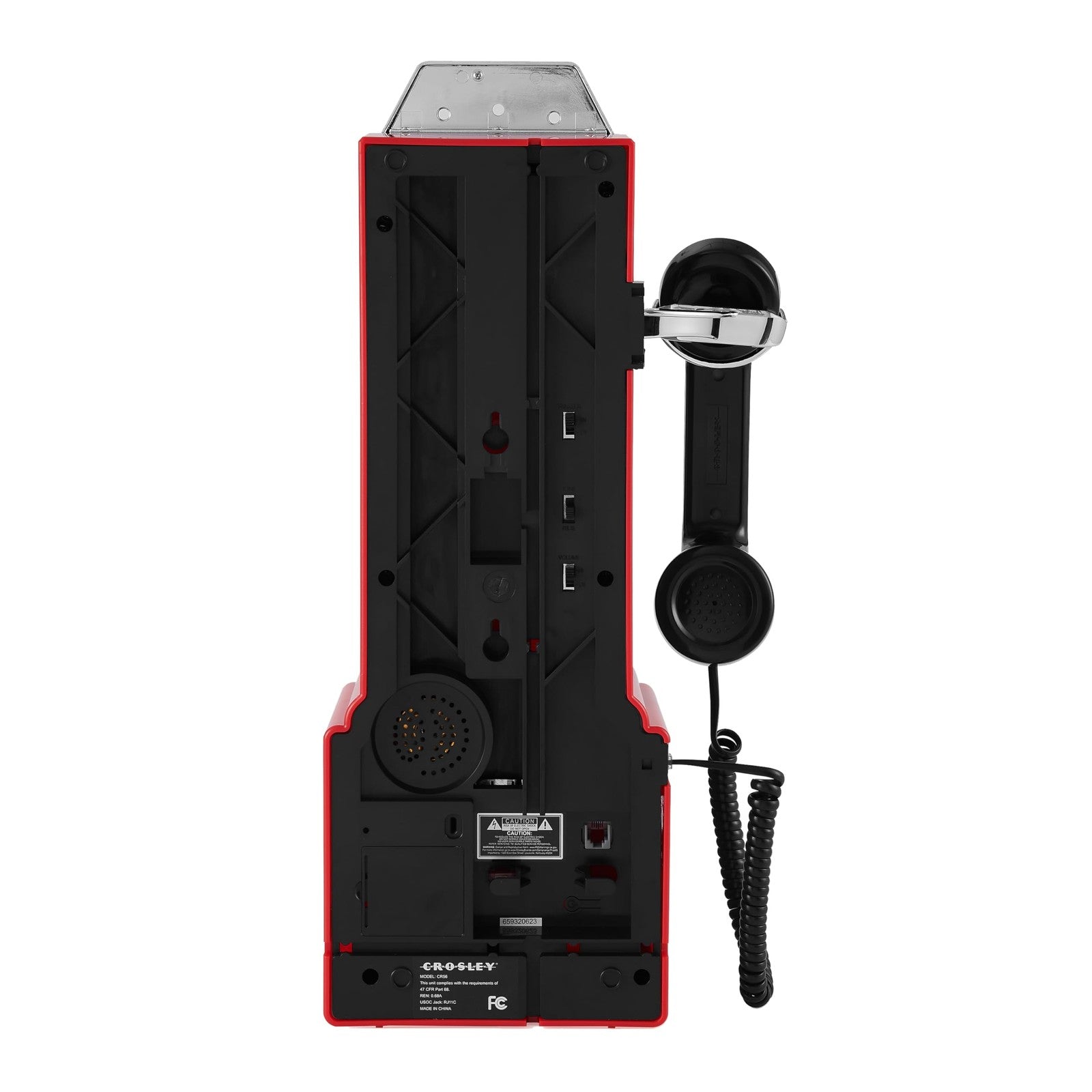 Crosley CR56-RE 1950s red payphone with push button technology, vintage-style phone with classic design and rotary dial appearance