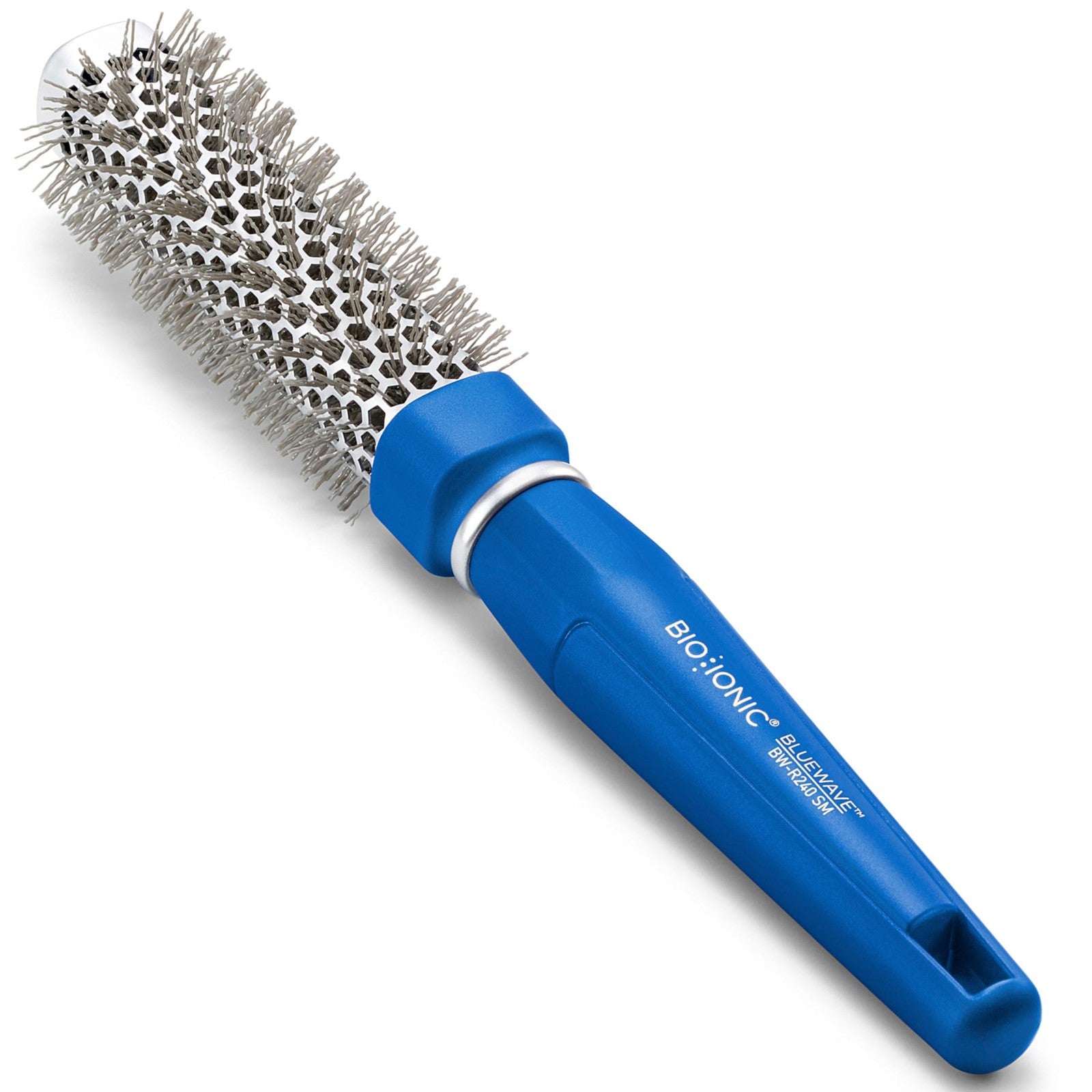 Bio Ionic BlueWave conditioning square-round hairbrush with ergonomic handle, designed for creating volume and smoothing hair.