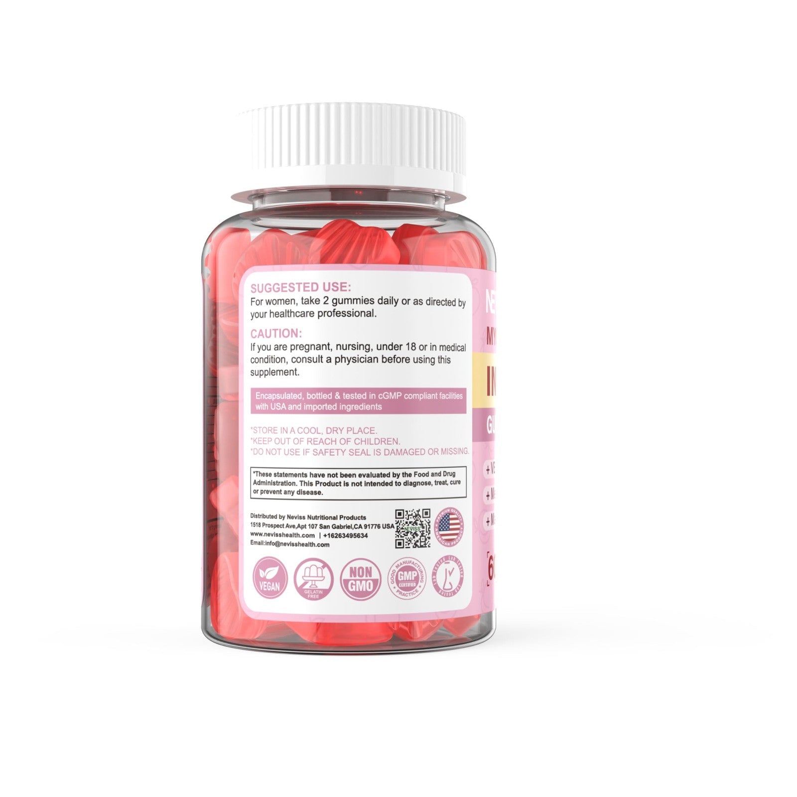 NEVISS Myo-Inositol & D-Chiro Inositol Gummies for women, 2000mg + 50mg, 40:1 ratio, with colorful gummy shapes.