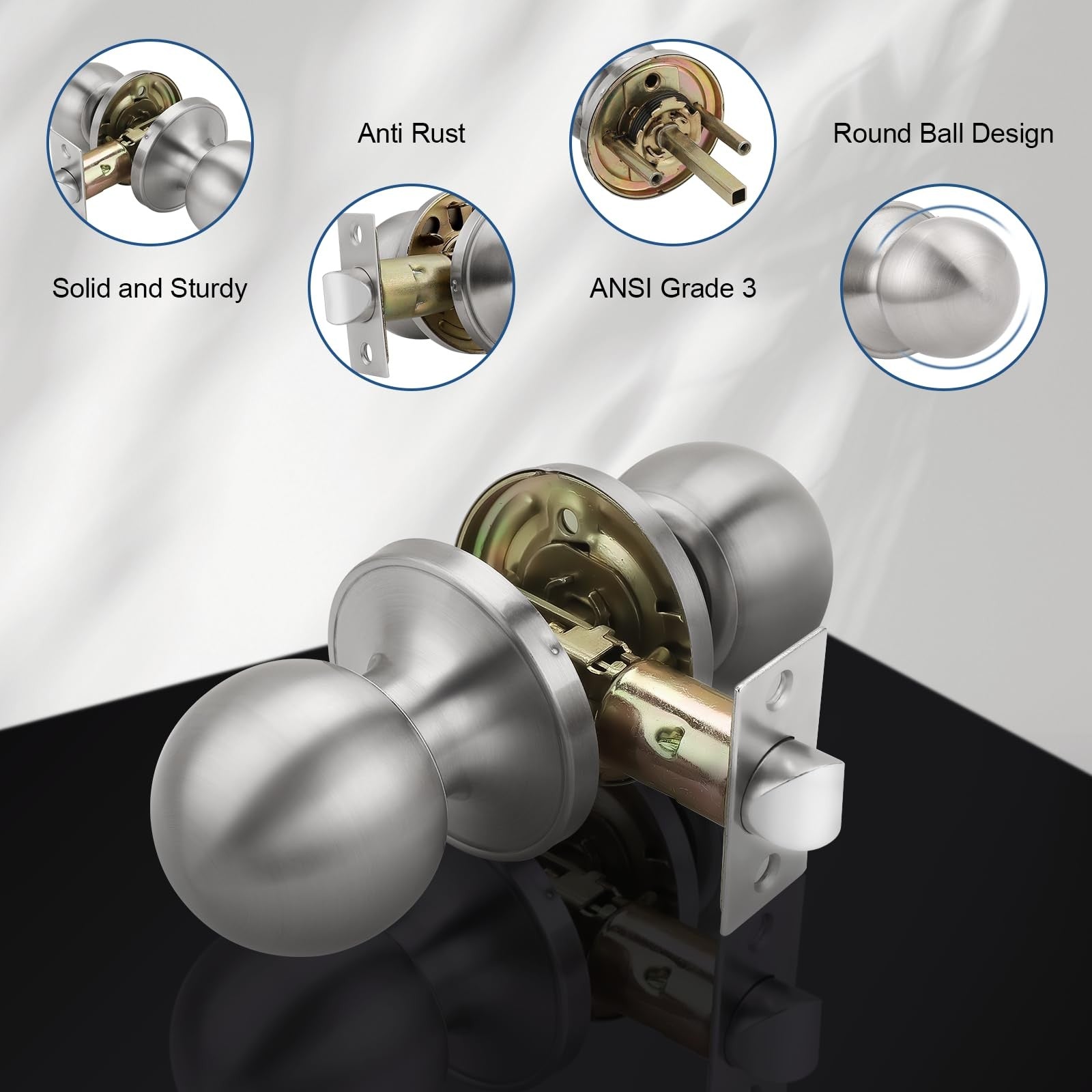 Knobonly 2-pack keyless indoor passage door knobs, interior door handles with a sleek, modern design for home use