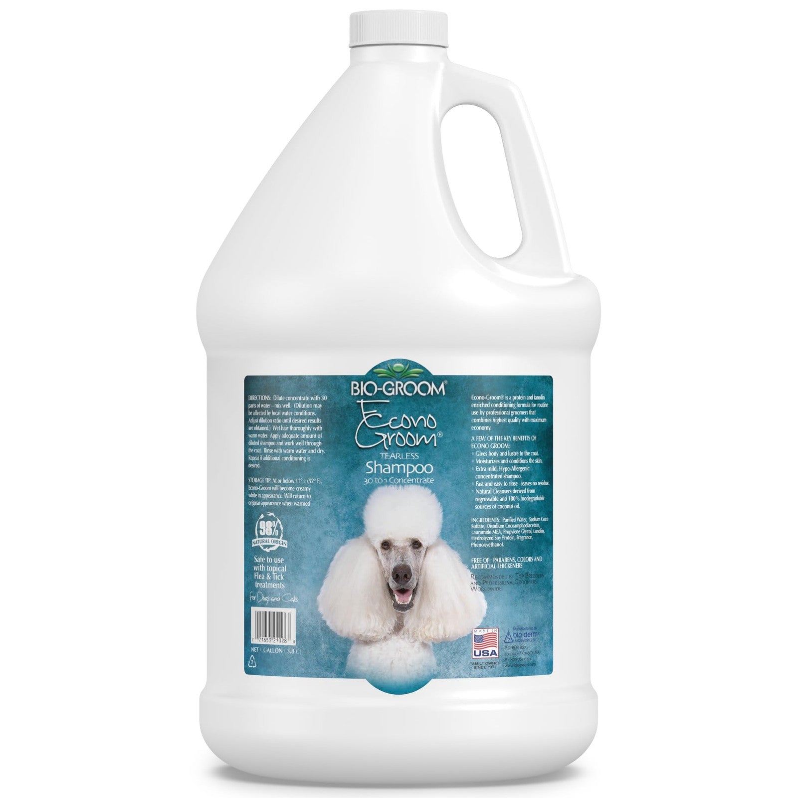 Bio-Groom Econo-Groom tearless dog and cat shampoo concentrate bottle with label and cap, suitable for pet bathing.