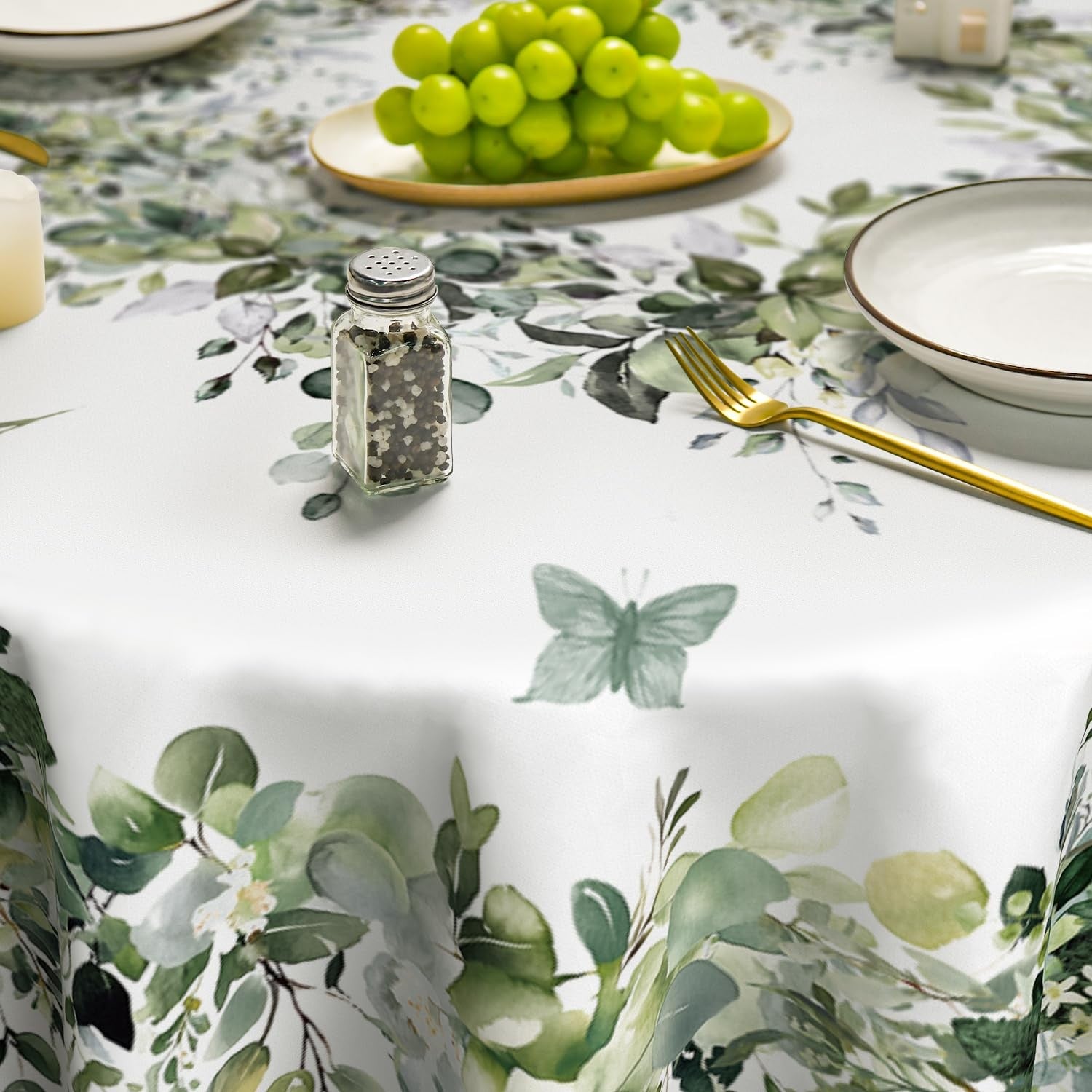 Horaldaily spring round tablecloth in green eucalyptus pattern, 90x90 inches, washable and seasonal for dining tables.