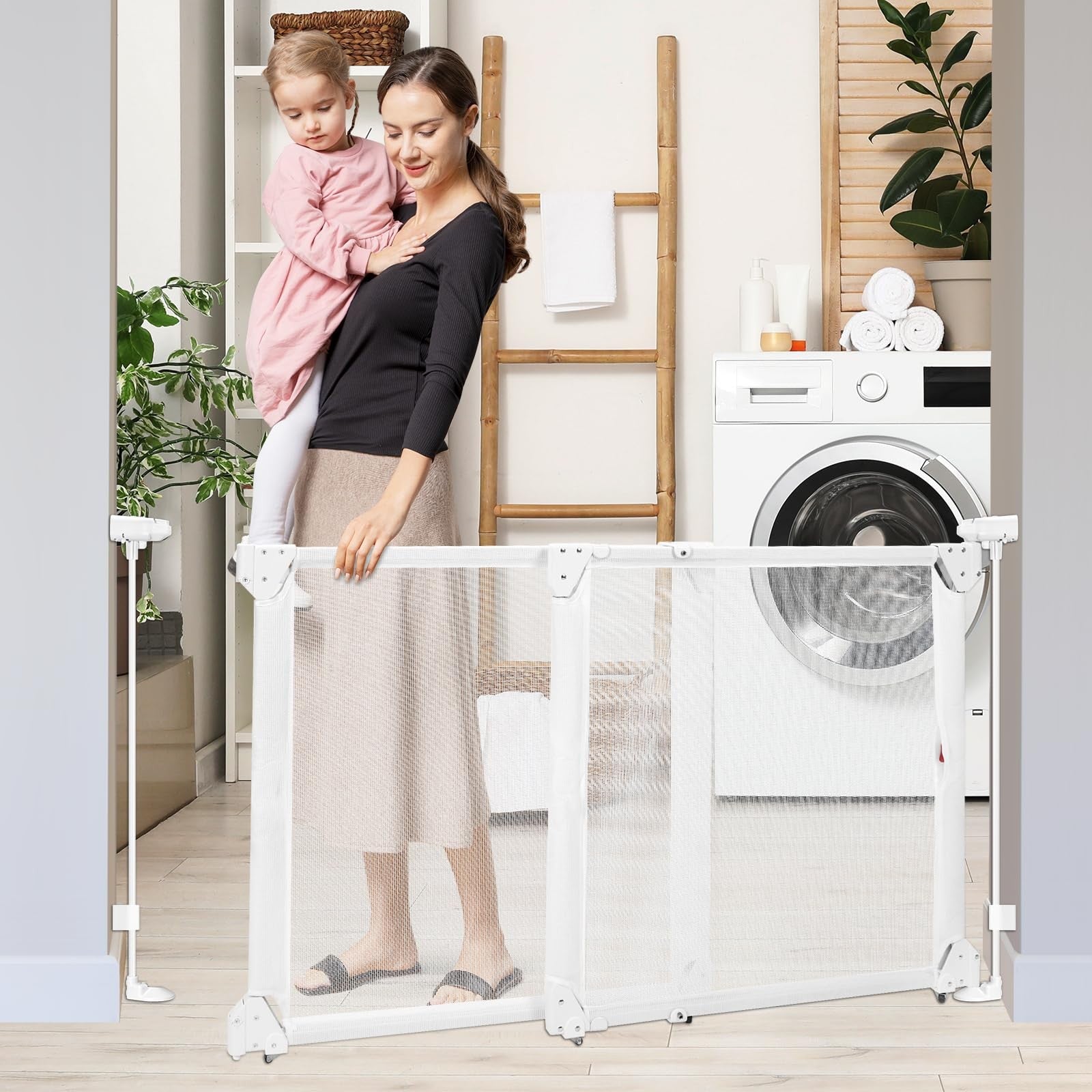 Bingguz No Bottom Bar Baby Gate for stairs, adjustable 34-55 inches with large walk space, safety barrier for stairs and doorways.