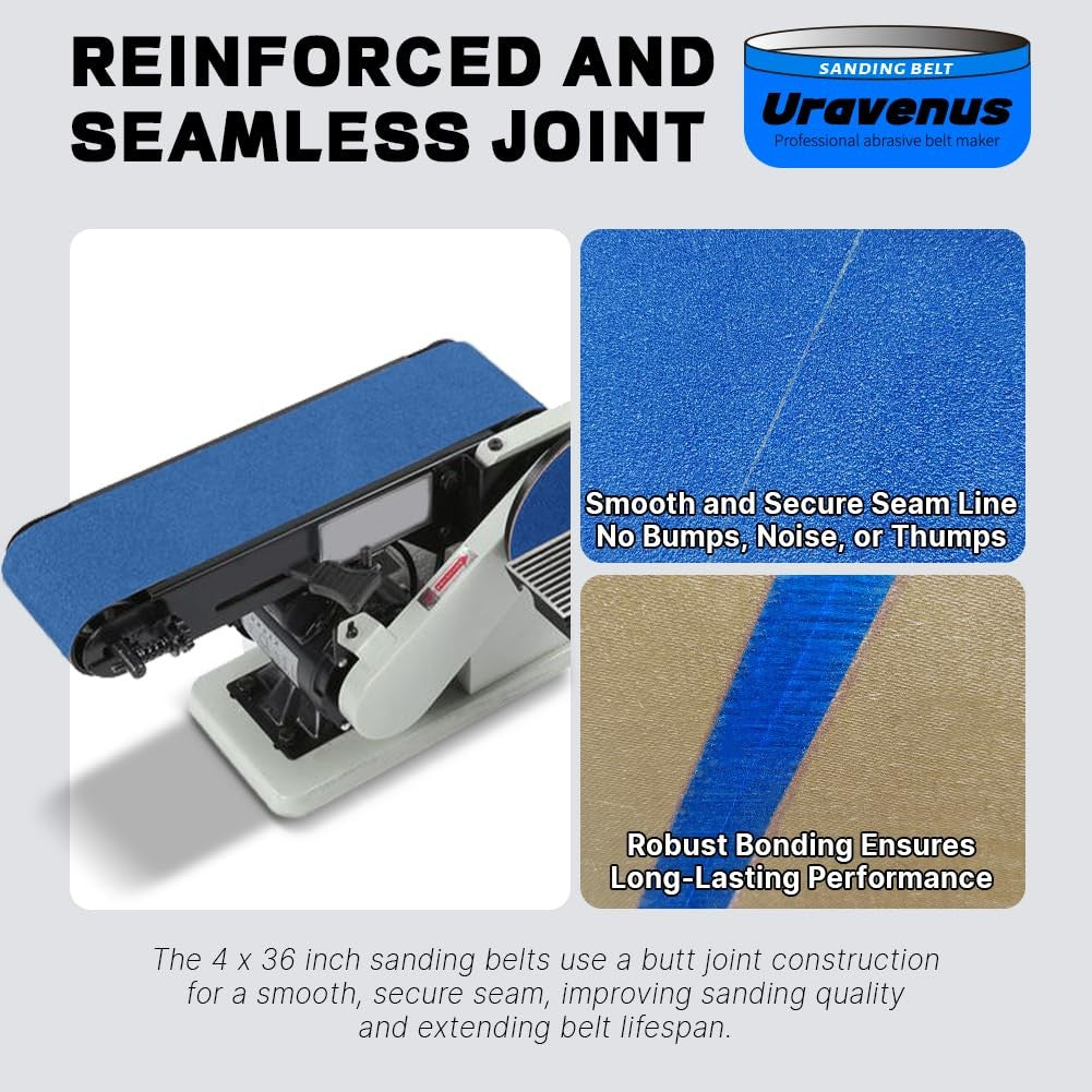 Set of four 36-inch Uravenus zirconia sanding belts in 240 grit for fine finishing, displayed with sanding belts stacked and laid out.