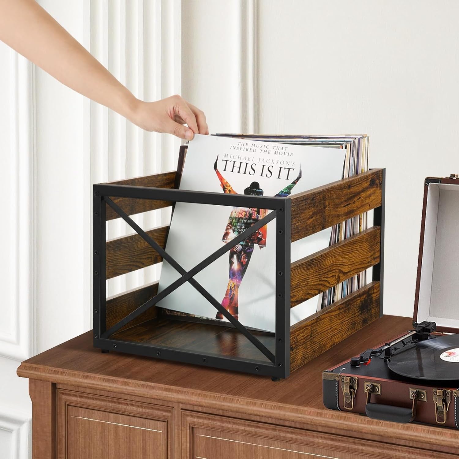 YINMIT large vinyl record storage crate with metal frame and wooden accents, designed for organizing LP records.