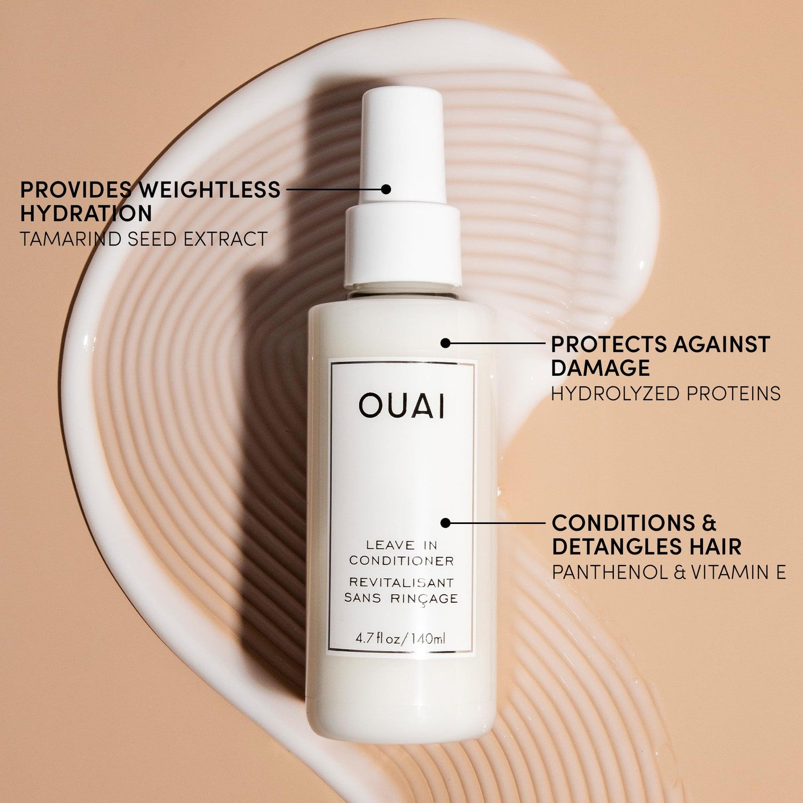 OUAI Leave-In Conditioner Heat Protectant Spray 4.7oz with frizz control, shine, and detangling for healthy hair care.