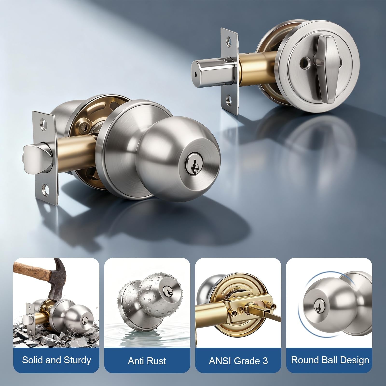 Knobonly keyed alike exterior door knob with round handle and stainless steel deadbolt for outdoor security.