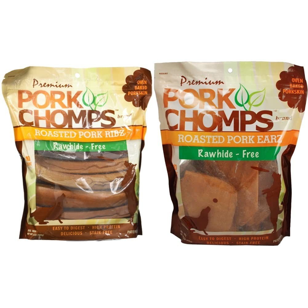 Scott Pet Pork Chomps roasted pork skin dog chews in ear and rib shapes, 20-piece bundle, showing the chewy, crispy texture.
