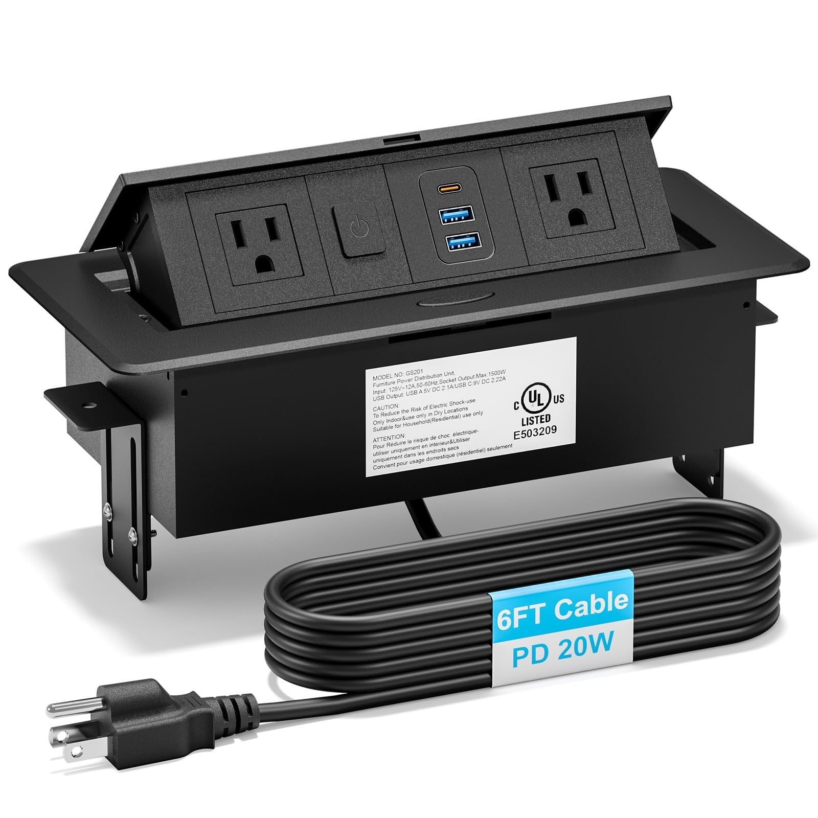 Sussex recessed power strip with 2 AC outlets, 2 USB-A ports, and a USB-C port in a pop-up power outlet design.