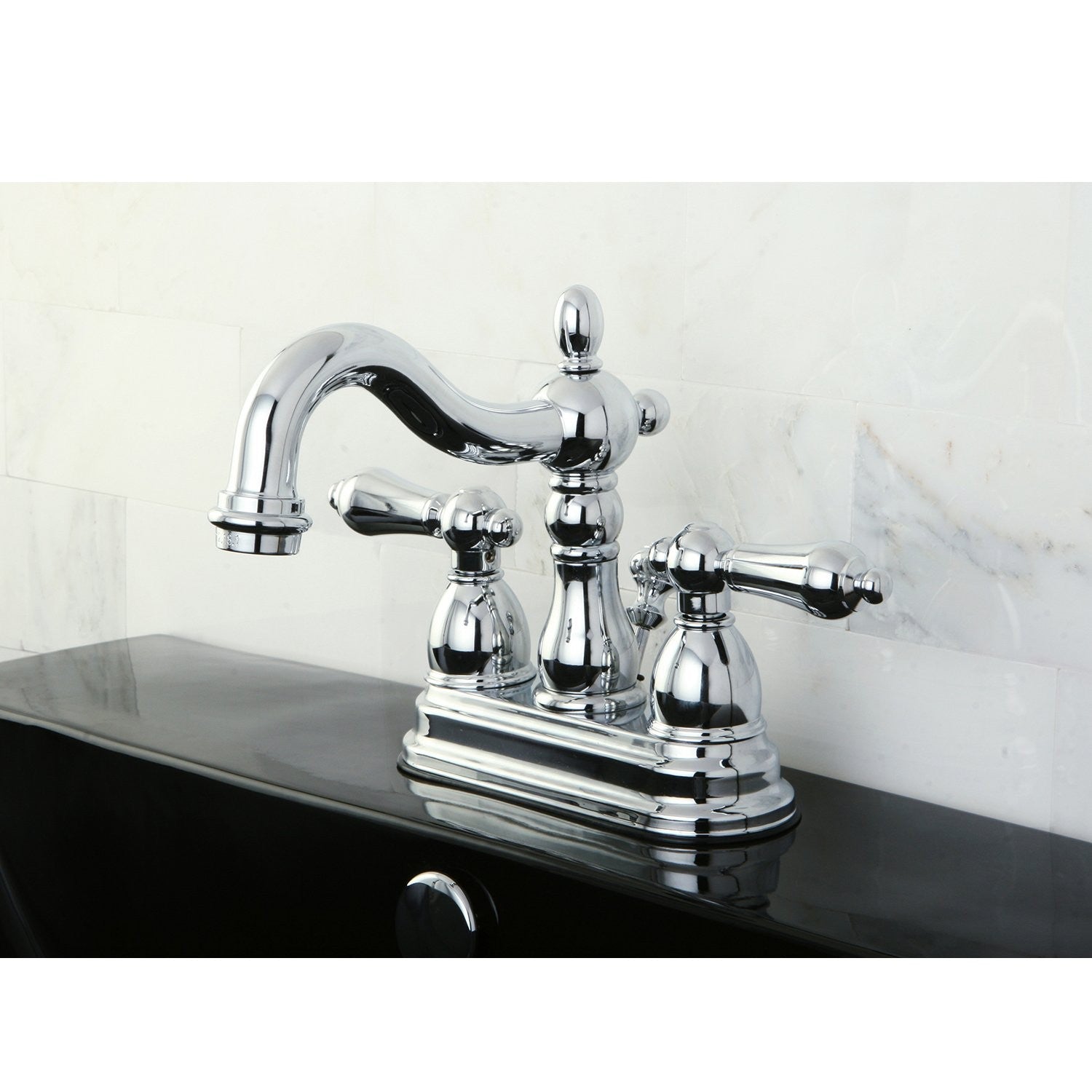 Kingston Brass Heritage 4-inch centerset lavatory faucet with metal lever handles, polished chrome finish, and traditional design.