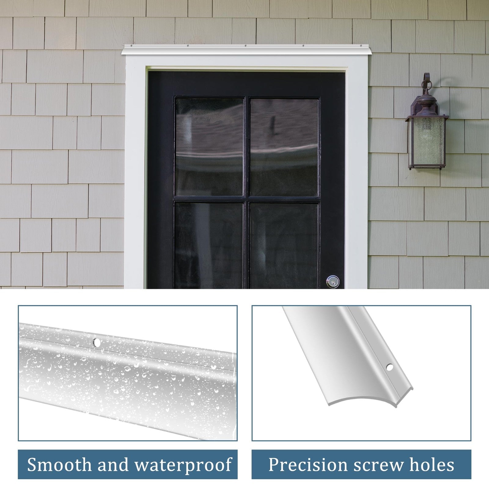 Pair of 51-inch anodized aluminum door drip caps with rain guard edge weatherstripping, designed for weatherproofing doors.