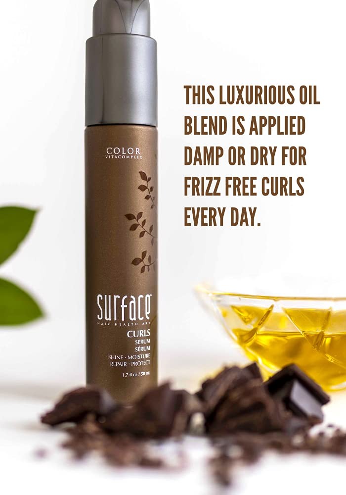 Surface Curls Serum by SURFACE, a hair repair and protection serum with moisture for curly hair, shown in a sleek bottle.