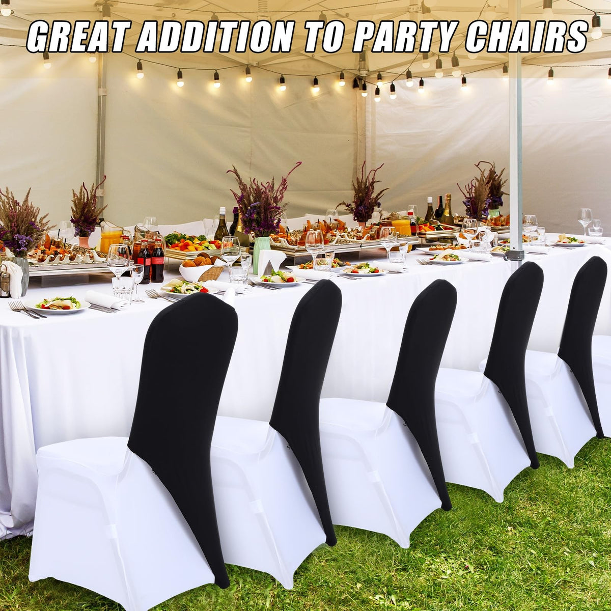 Set of ten Mindsoft spandex chair cap covers with sash hat bands, designed to protect and decorate chair legs.
