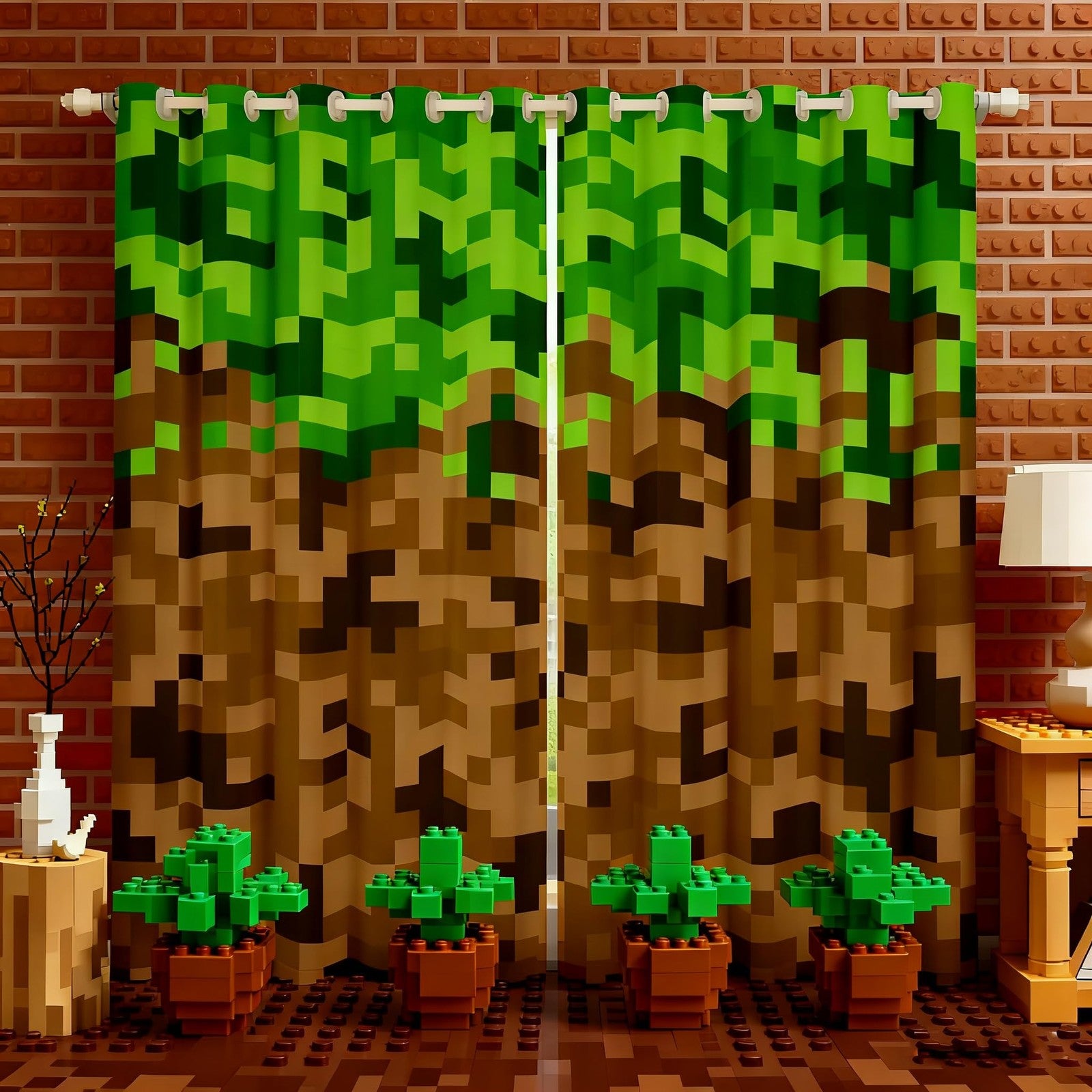 Castle Fairy miners style square grid window curtain in brown and green army camouflage for kids, featuring a military-inspired design.