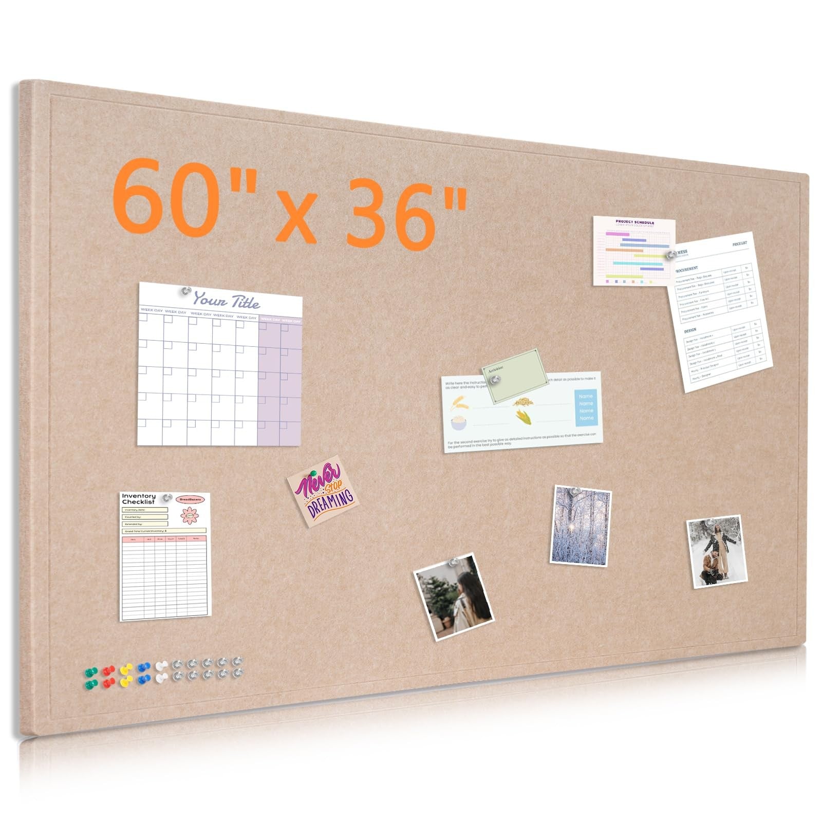 Dollar Boss large foldable bulletin board, 60x36 inches, with felt surface and cork for pinning notes and reminders on wall.