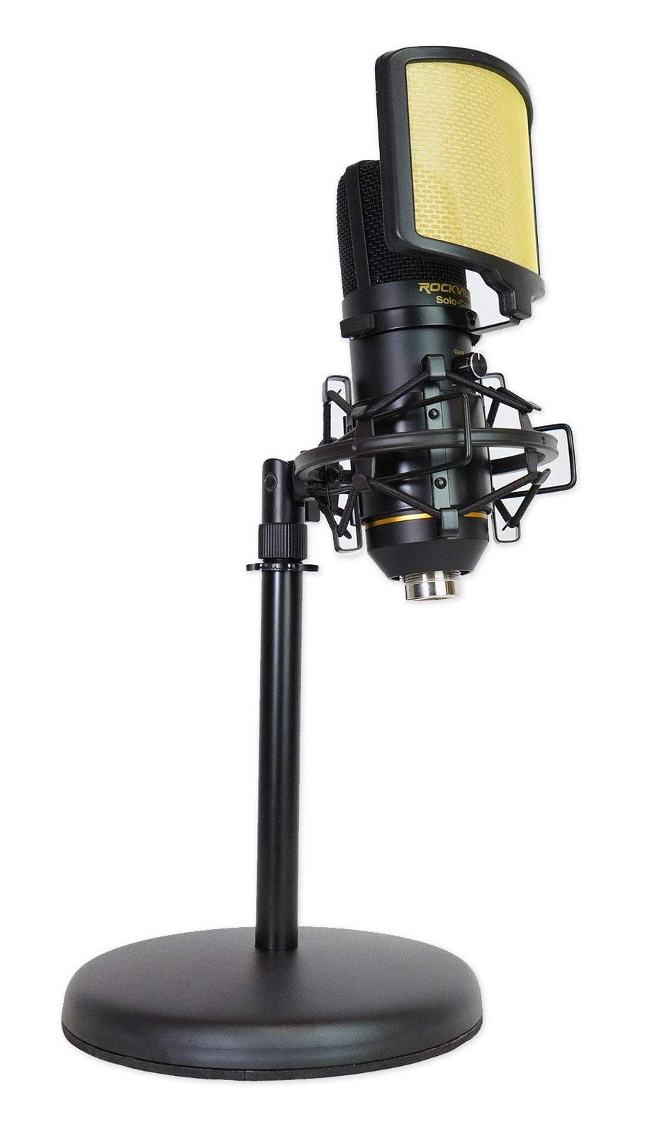 Rockville Solo-Cast USB condenser microphone with unidirectional capsule and built-in input, shown on a desk with microphone stand.