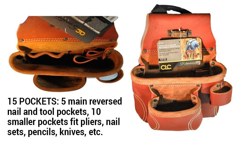 Custom Leathercraft 21448 4-piece Pro Framer's Combo System tool belt with 15 pockets, durable leather and adjustable straps.