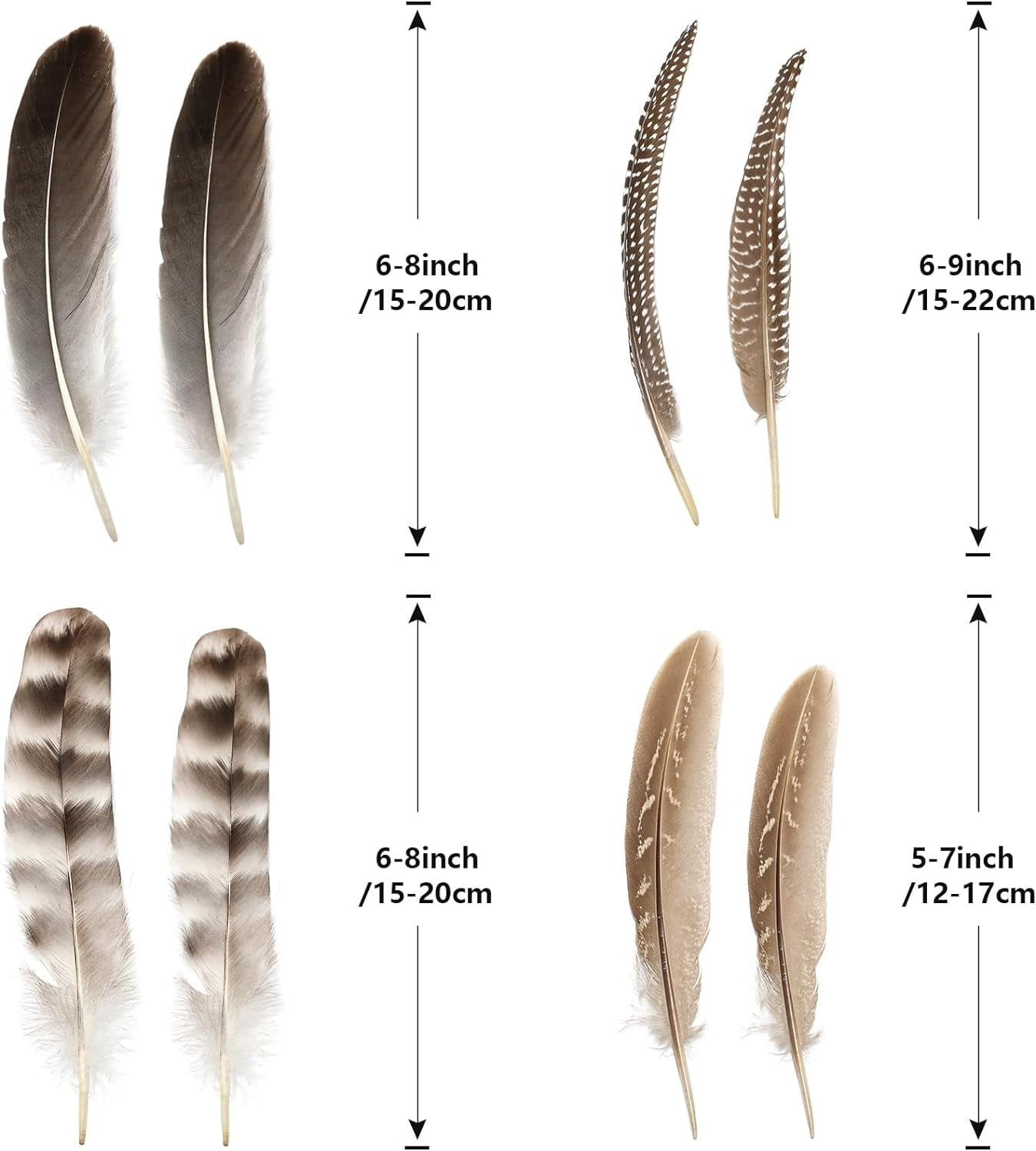 Tharaht 24-piece set of natural spotted guinea fowl wing feathers, 6-8 inches long, displayed in a natural arrangement.
