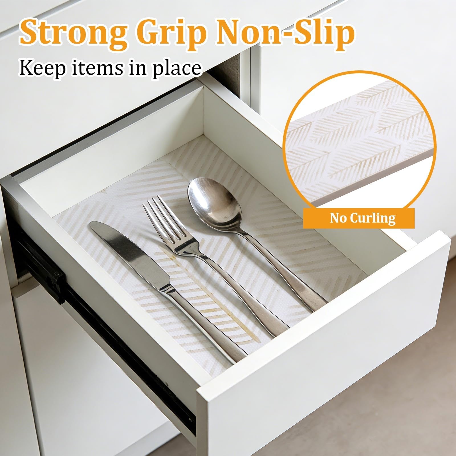 Xupingjiti drawer and shelf liner in a kitchen cabinet, showing textured surface for cupboard, pantry, and desk storage organization.
