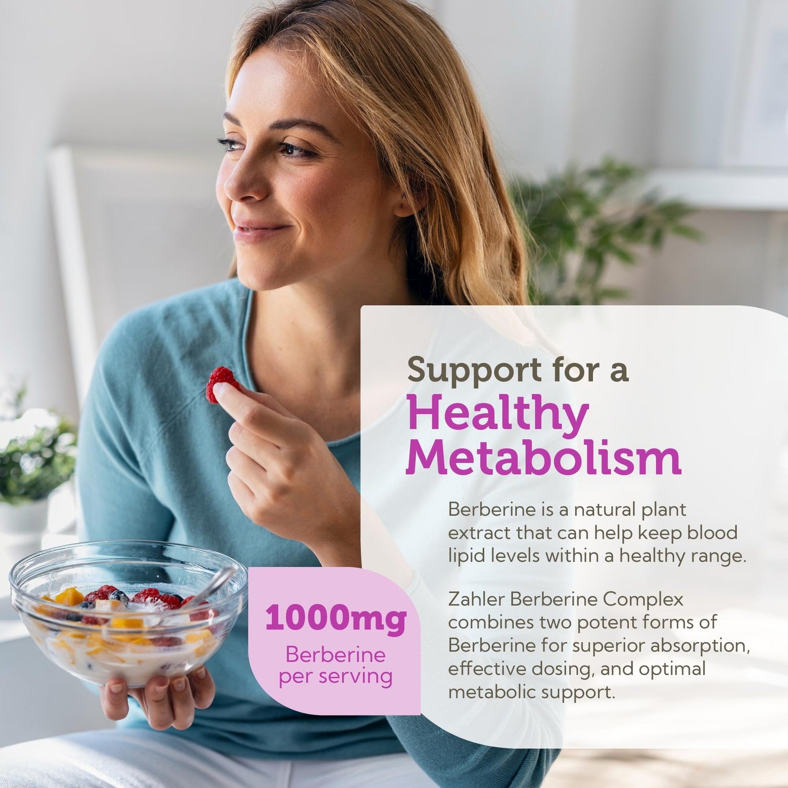 Zahler Berberine supplement bottle with Clinically Evaluated Berbevis for metabolism and blood sugar support, shown on a white background.