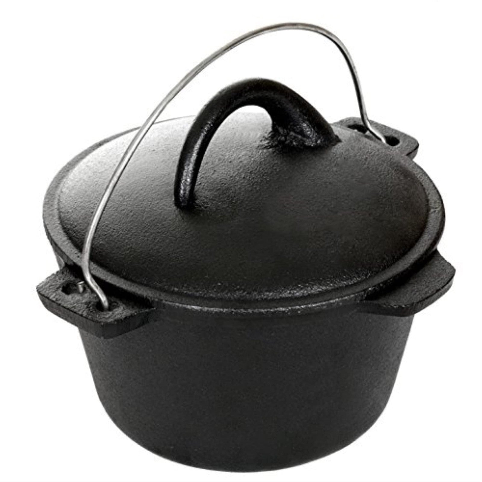 Cajun Classic 1 Quart cast iron Dutch oven with black enamel coating, sturdy handle, and lid for versatile cooking.