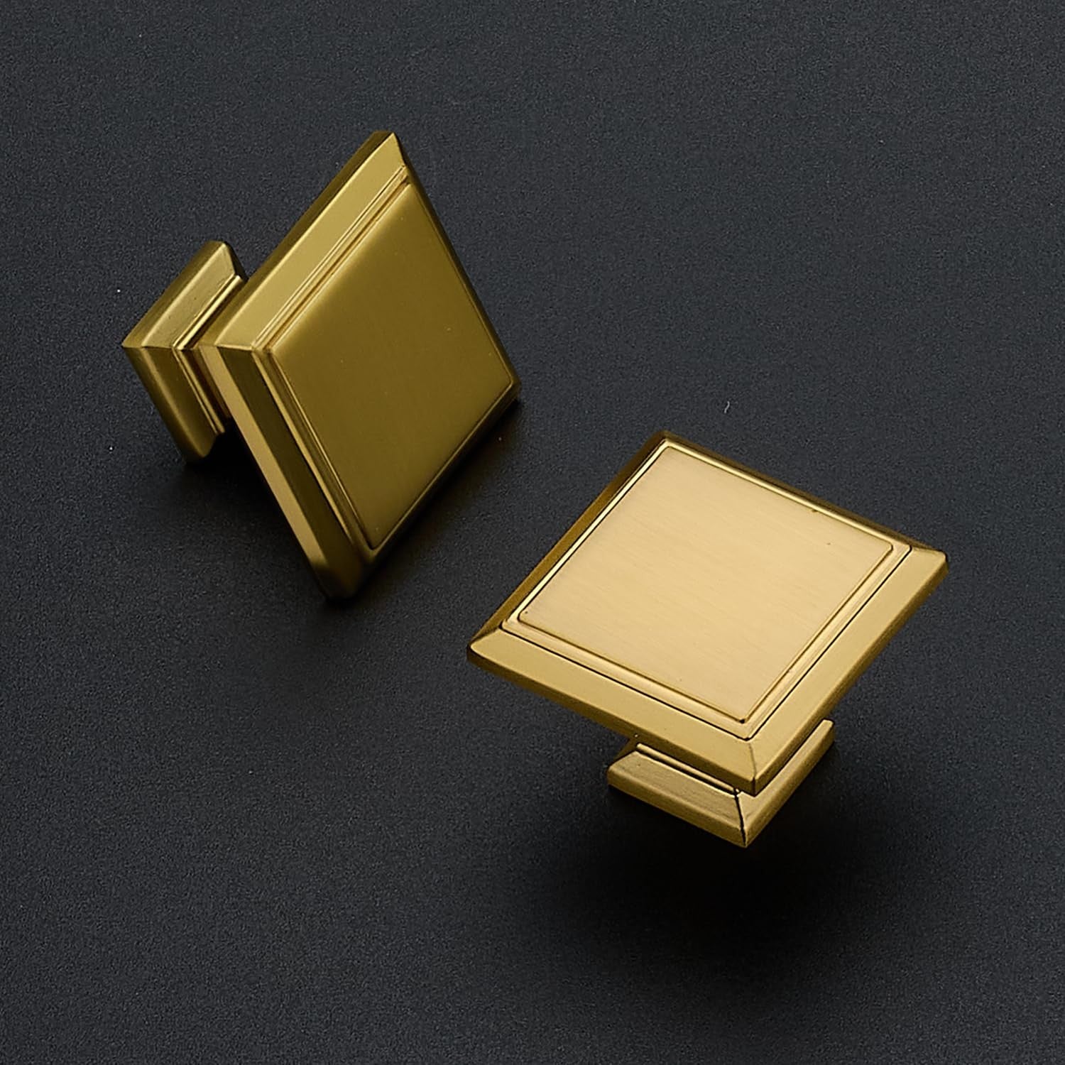Ravinte 30-pack brushed brass kitchen square cabinet knobs, solid metal drawer pulls, with a modern square design.