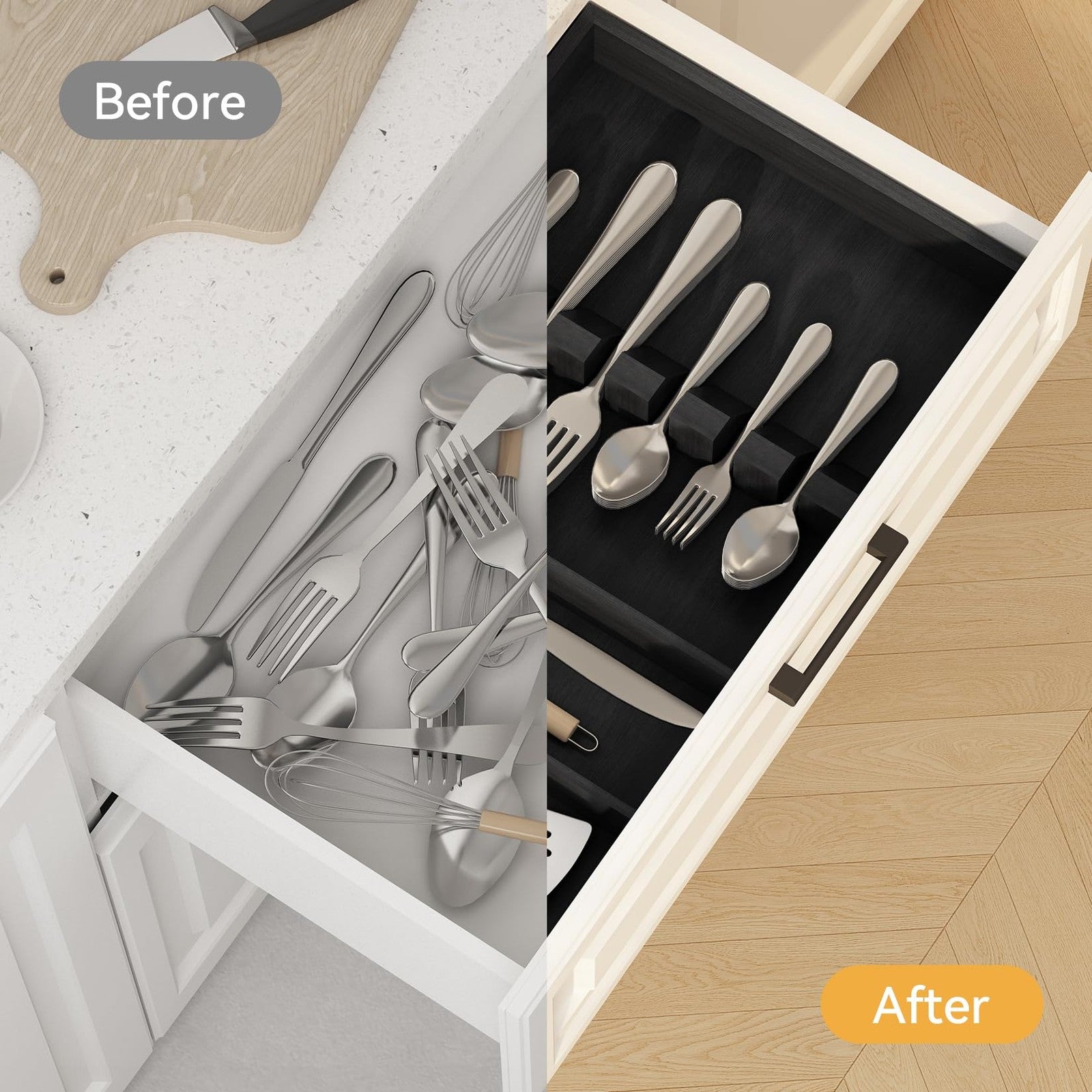 Yofidra Pure Bamboo Silverware Drawer Organizer with three compartments for kitchen storage, measuring 16.5 inches.