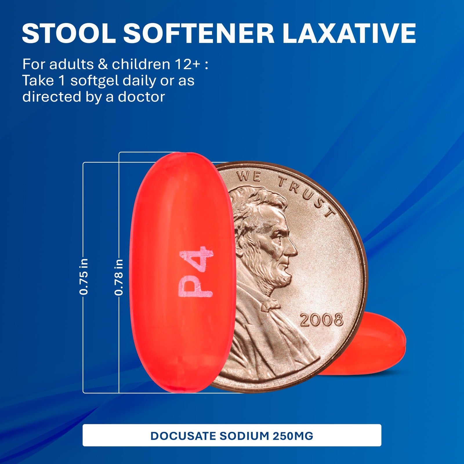 Major Docusate Sodium 250 Mg extra strength stool softener laxative bottle, white with label, for relief of constipation.