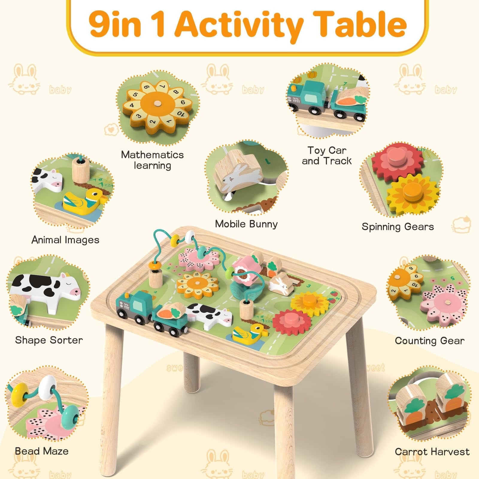 Wiqins 3-in-1 wooden baby activity table for children aged 6-36 months with colorful interactive toys and sturdy design.
