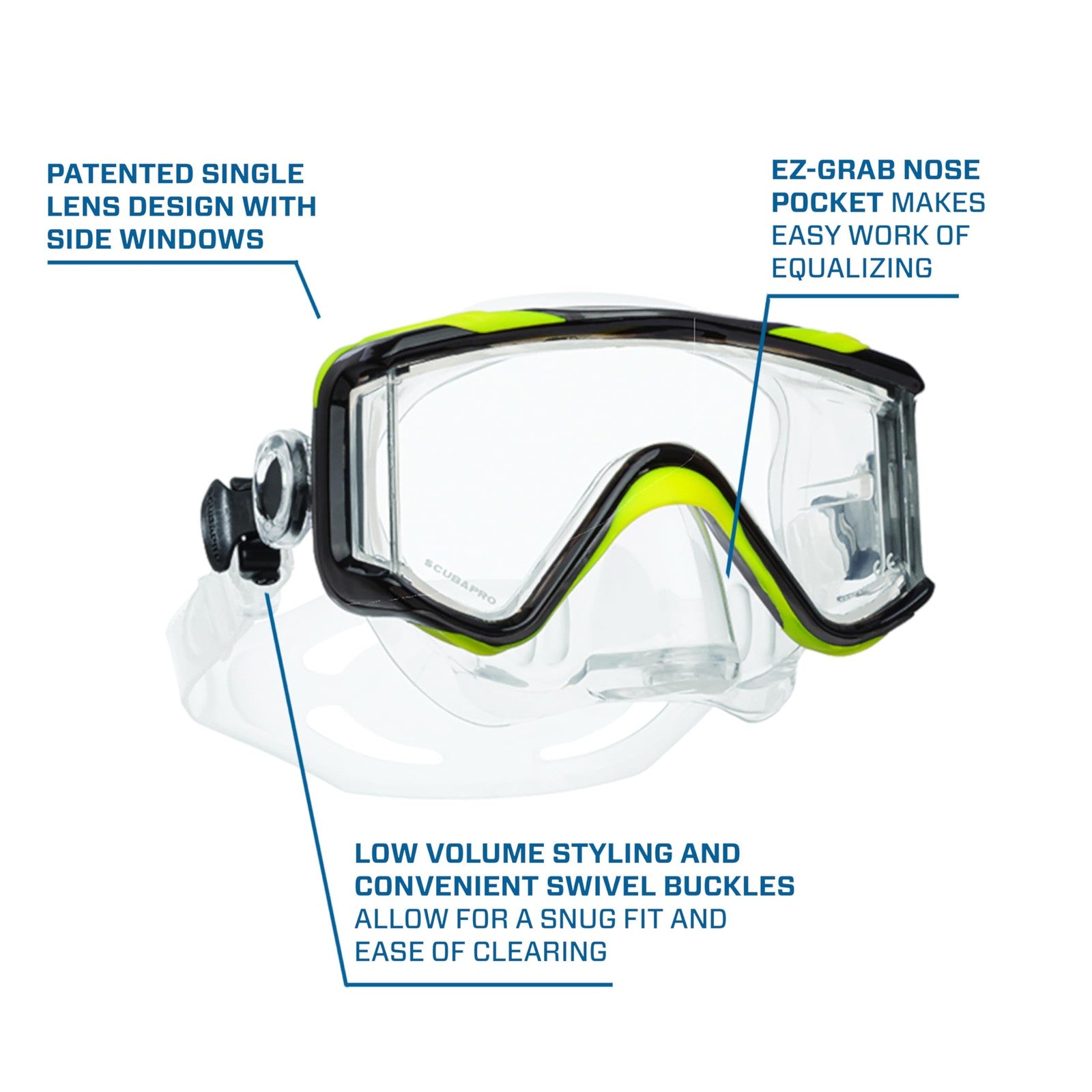 SCUBAPRO Crystal Vu Plus scuba mask with purge valve and ultra clear tri lens, designed for comfortable underwater snorkeling.