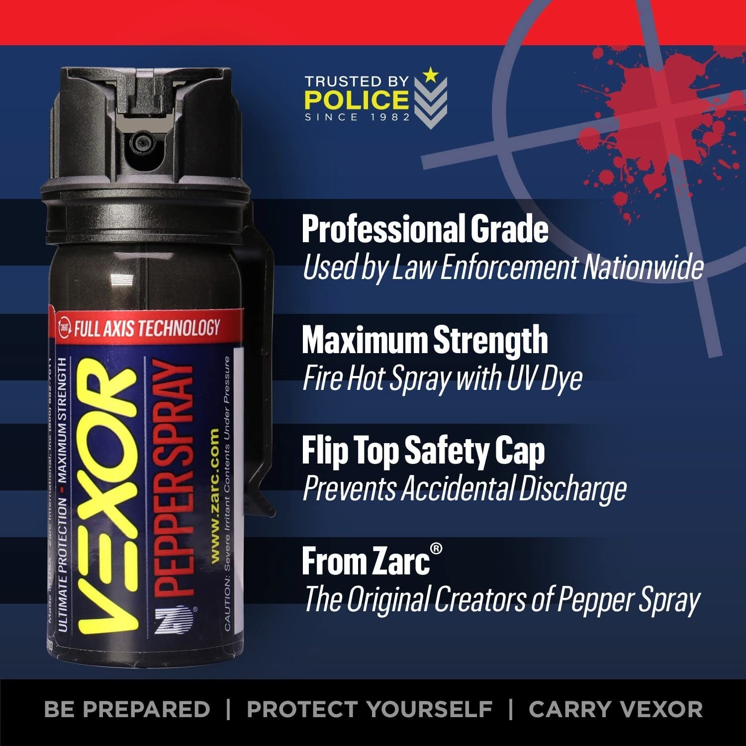 Zarc Vexor pepper spray with belt clip for self-defense, shown in a 3-pack, compact and portable safety spray for personal protection.