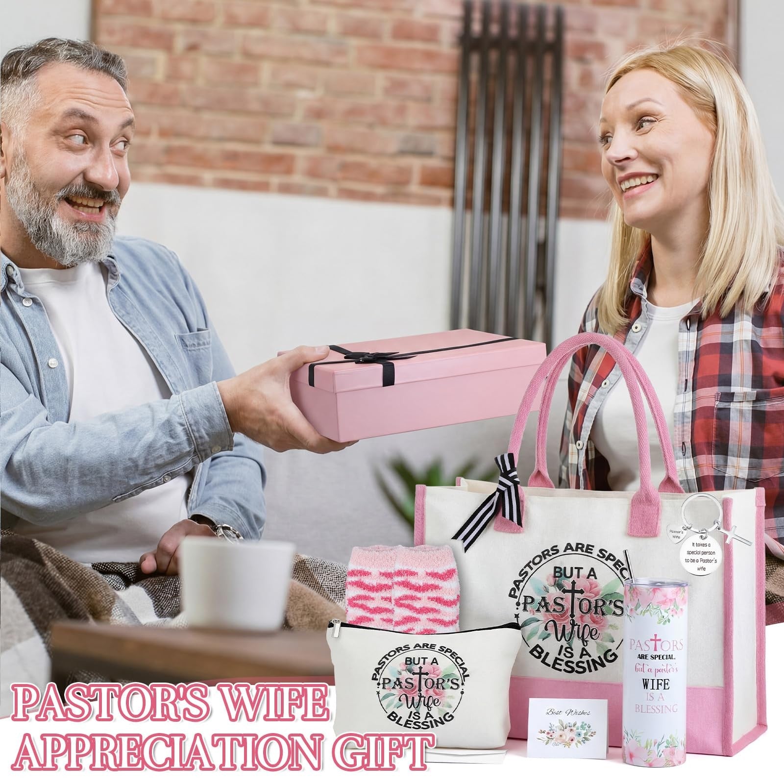 Geiserailie 8-piece pastor's wife appreciation gift set including a large tote bag with floral design and inspirational message.