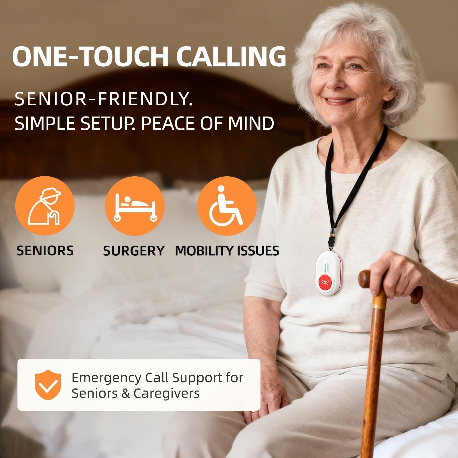CallToU wireless caregiver pager with call button for elderly at home, showing portable device with call button on a white background.