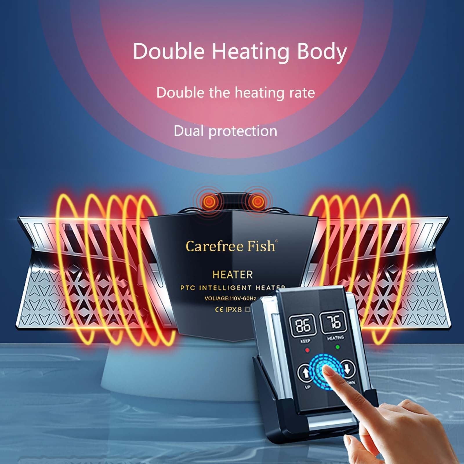 Carefree Fish 300W dual PTC ceramic aquarium heater with digital PID control, designed for safe and efficient water heating.