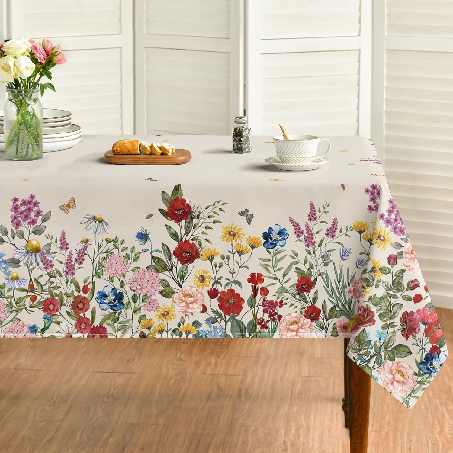 Horaldaily vintage beige floral spring tablecloth, 60x140 inch rectangular with a washed finish, ideal for spring dining decor