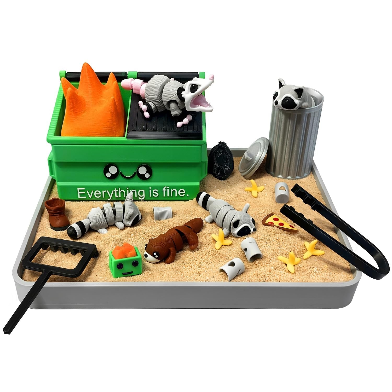 HouseBegan Dumpster Fire Zen Garden for Desk, funny mini desktop sand garden with miniature dumpster fire decoration and raking tools.