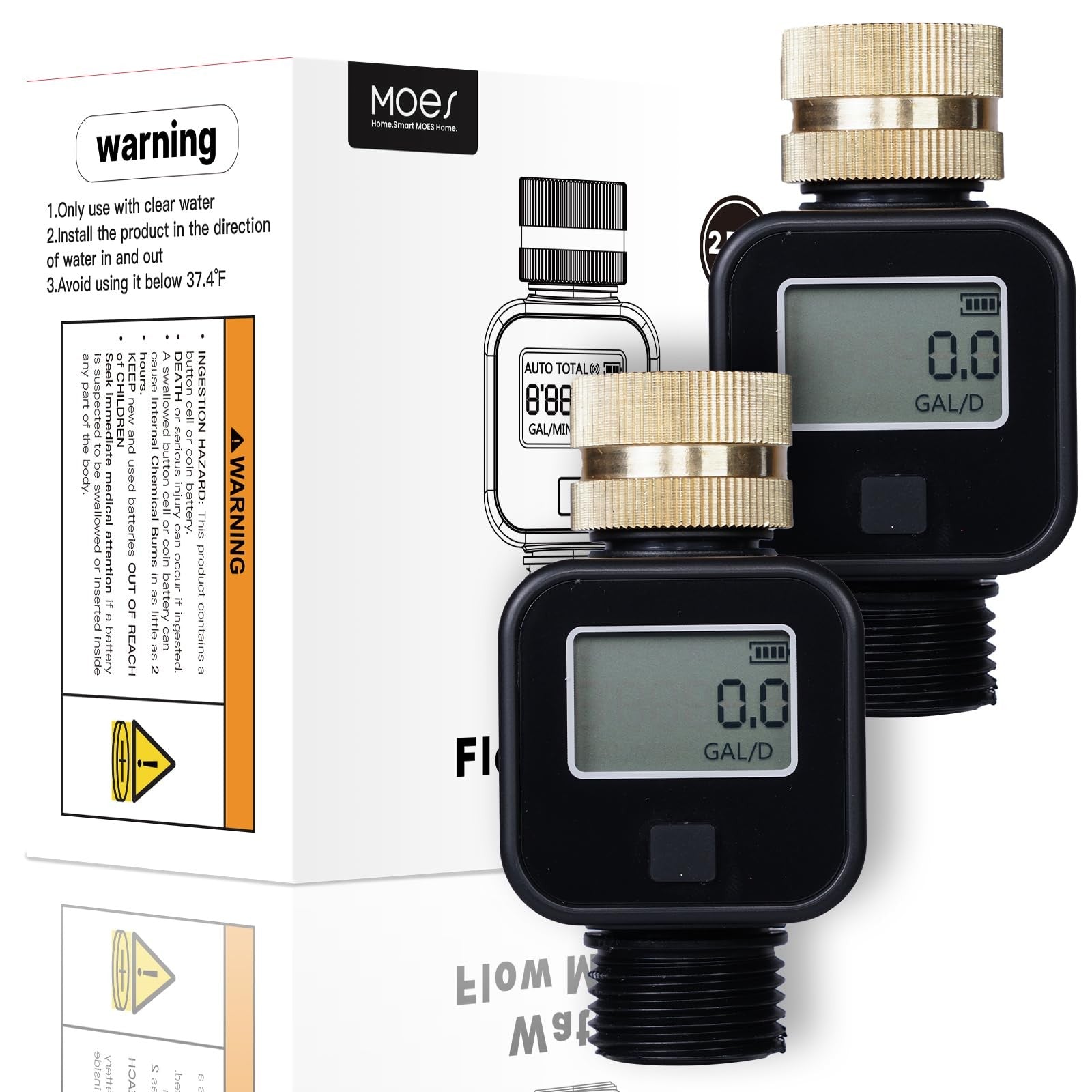 MOES water flow meter with brass inlet and metal thread for measuring gallon or liter consumption, showing device details.